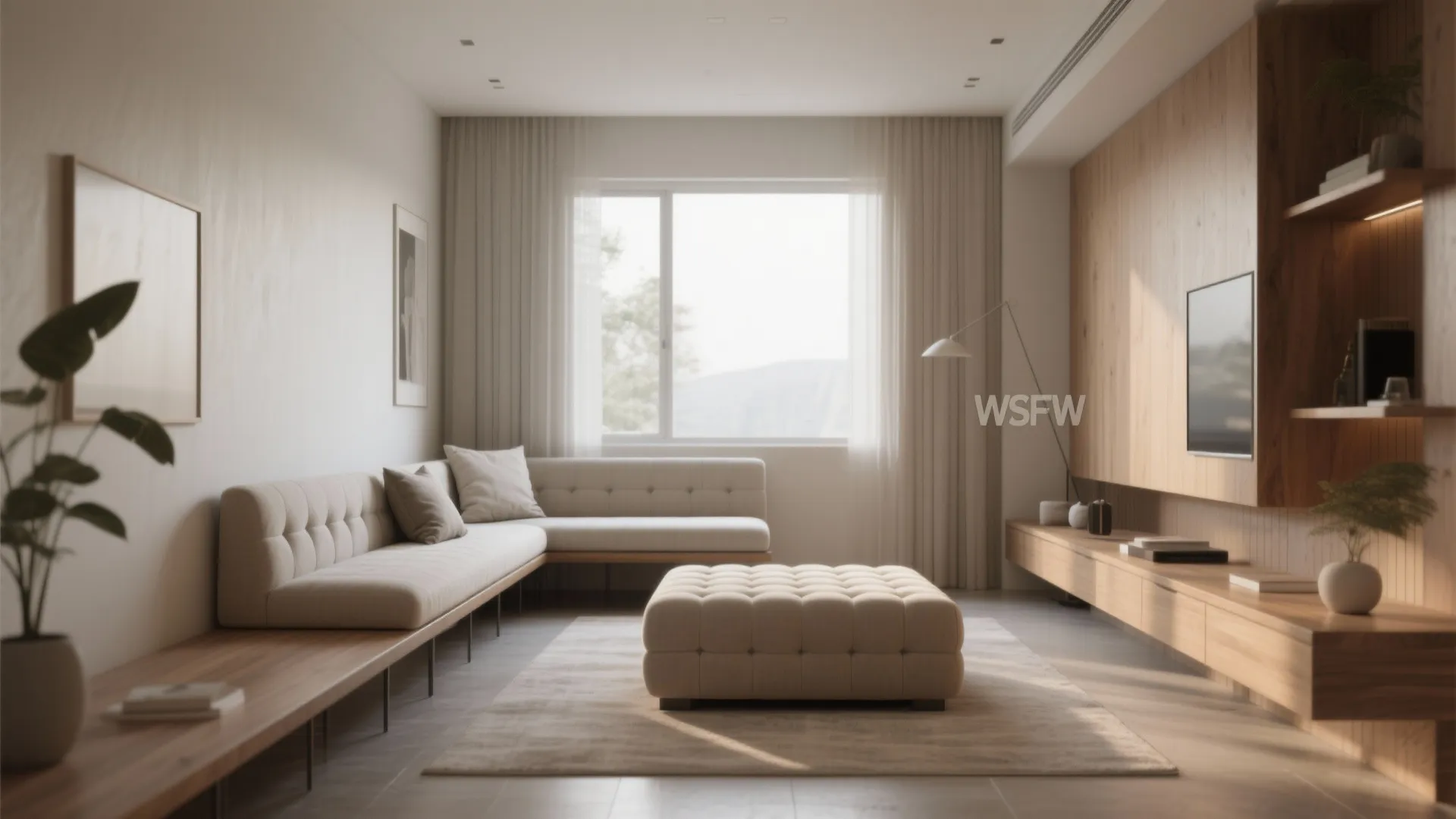 Modern living room with beige l-shaped sofa tufted footrest wooden wall cabinet and large window