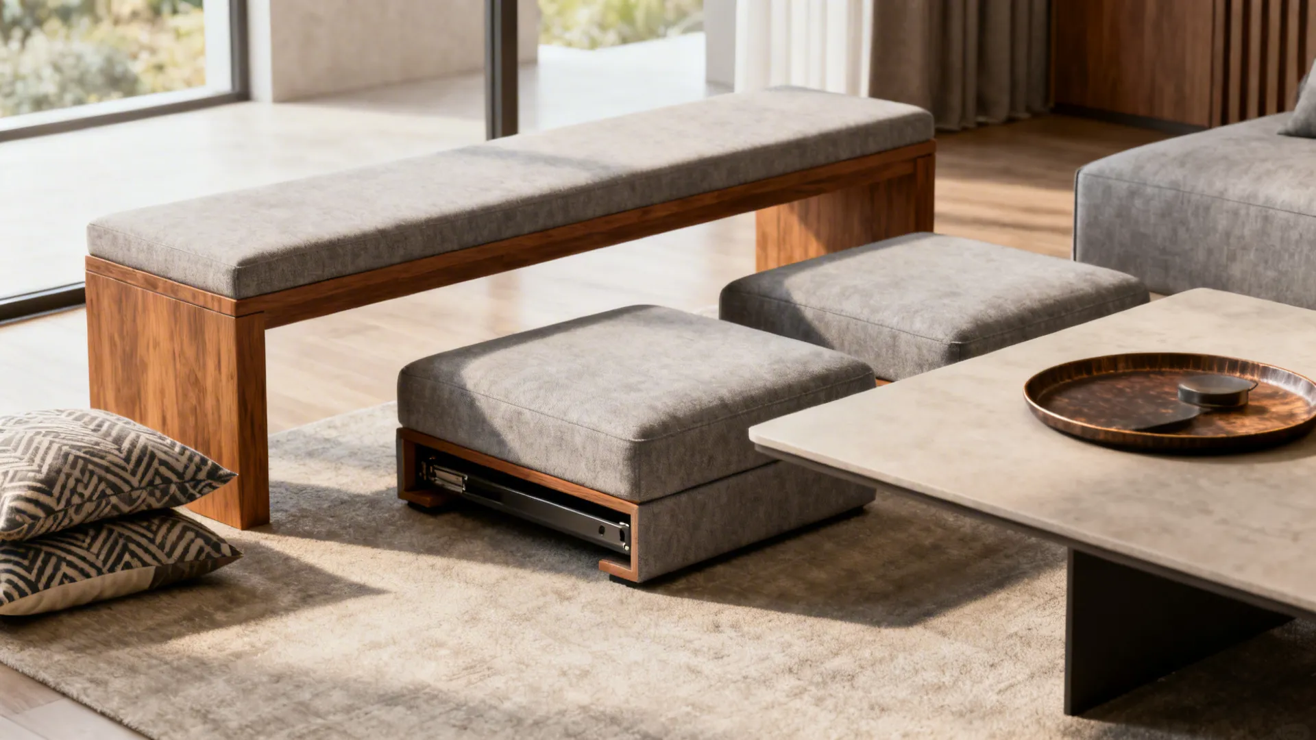 Slim bench with two modular ottomans tucked under a coffee table in a small living room.