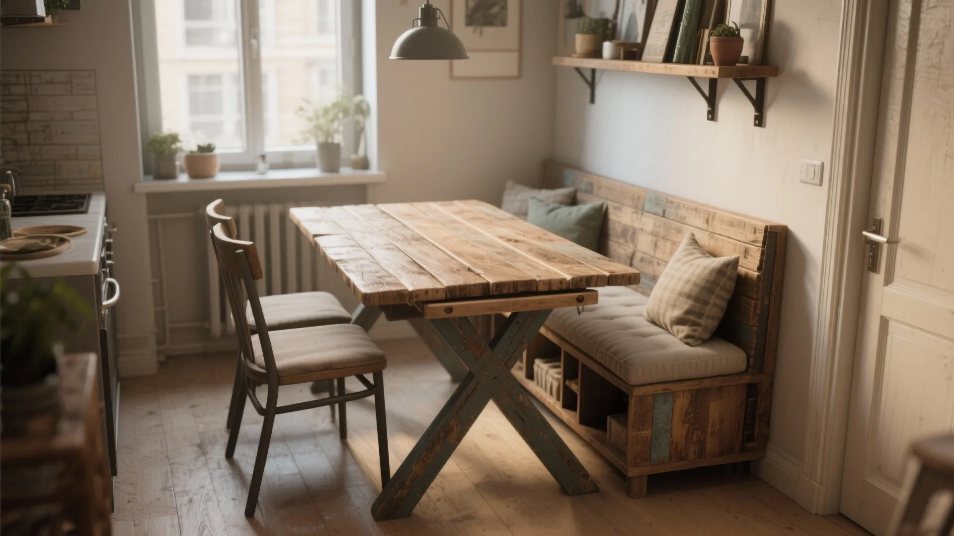 Drop leaf table paired with a tuck-away bench in a small apartment, showing storage cushions under the bench.
