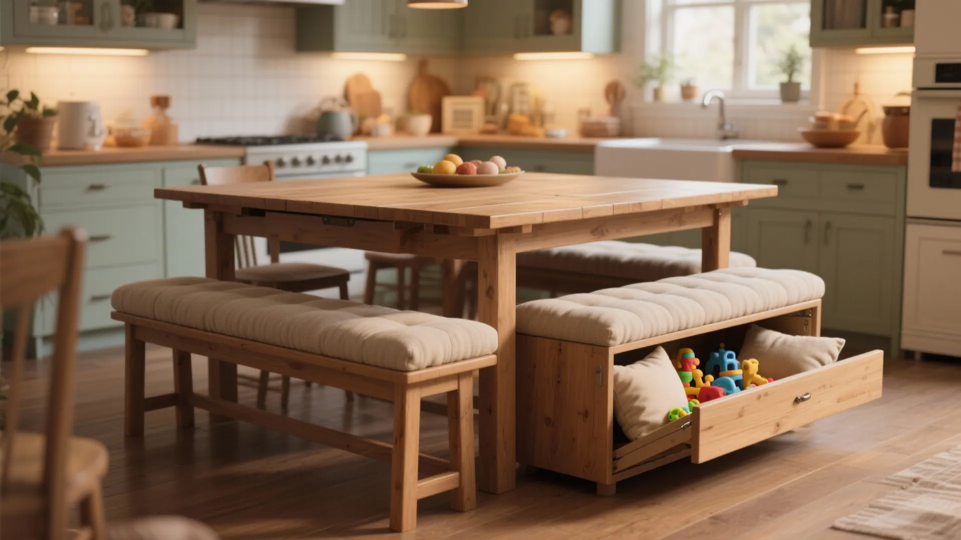 Drop-leaf table with benches slid under it, one bench pulled out to show hidden storage and cushions.
