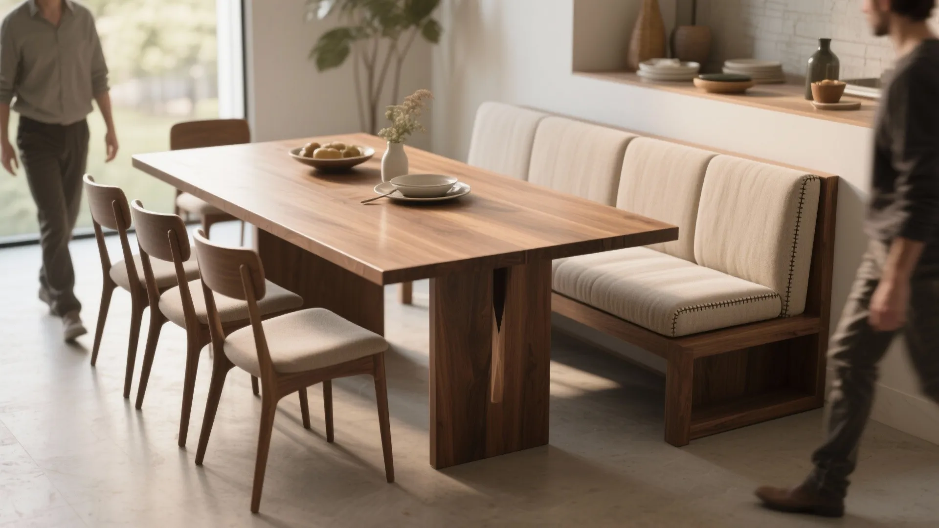 Rectangle table with an upholstered bench on one side and chairs on the other, showing space-saving seating.