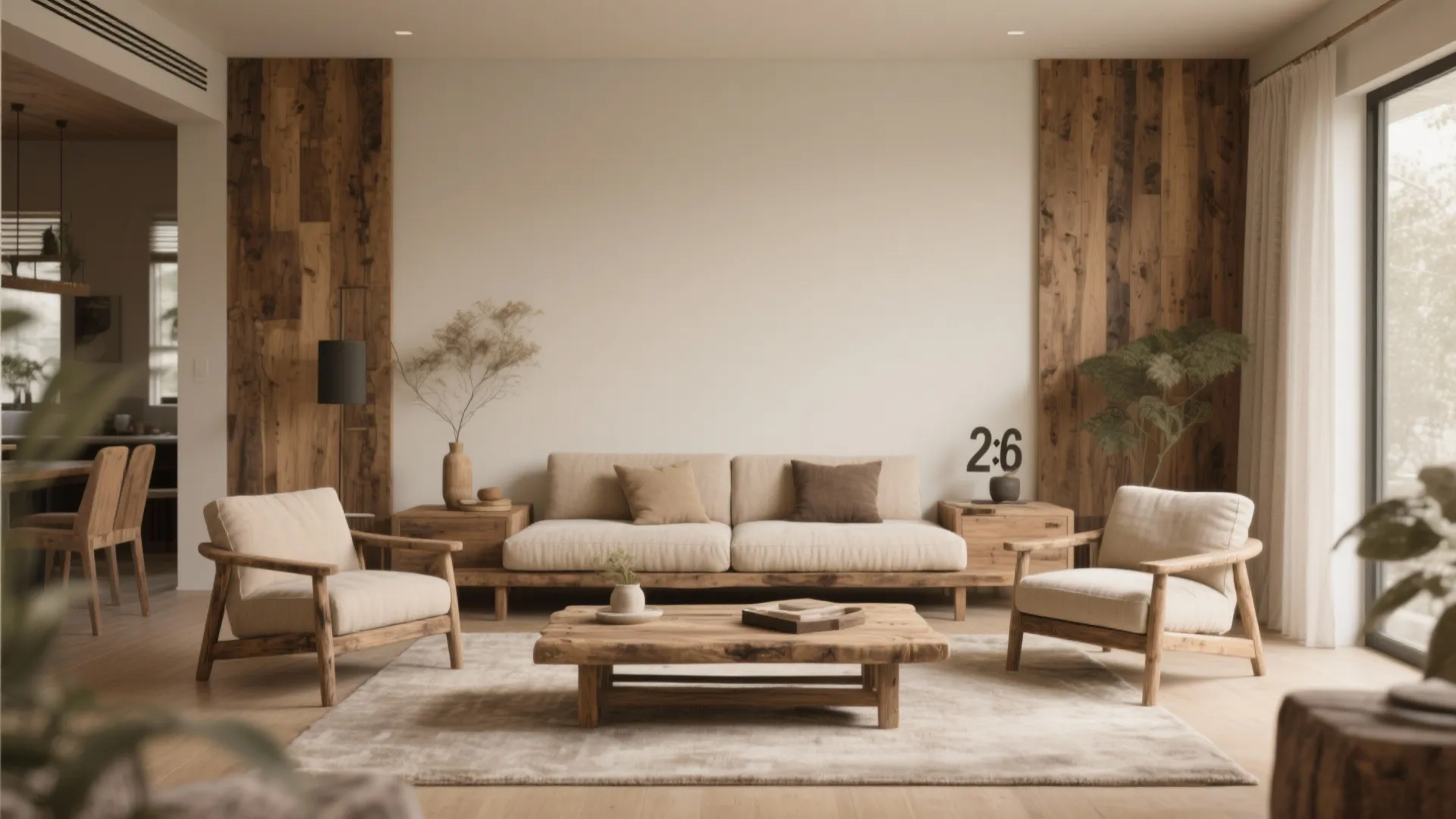 Modern living room with a beige sofa two chairs wood wall panels and coffee table