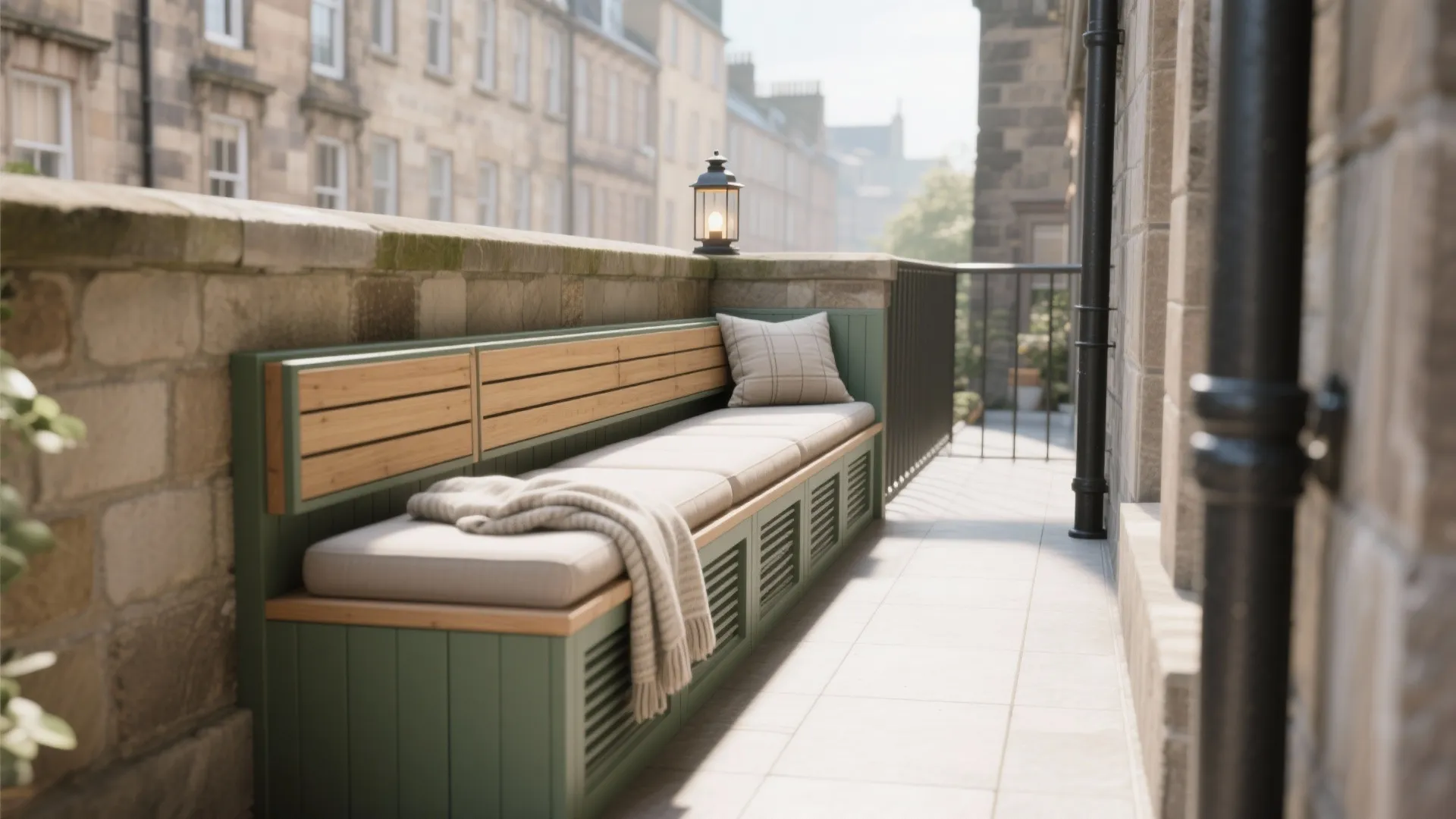Long green wooden bench with cushions and blanket on a narrow balcony with stone walls