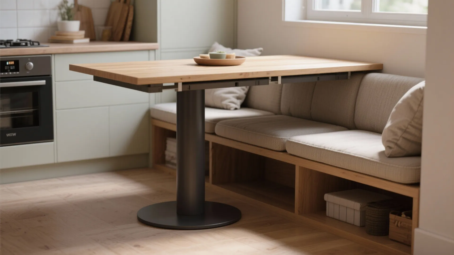 2. Bench seating with an extendable pedestal table