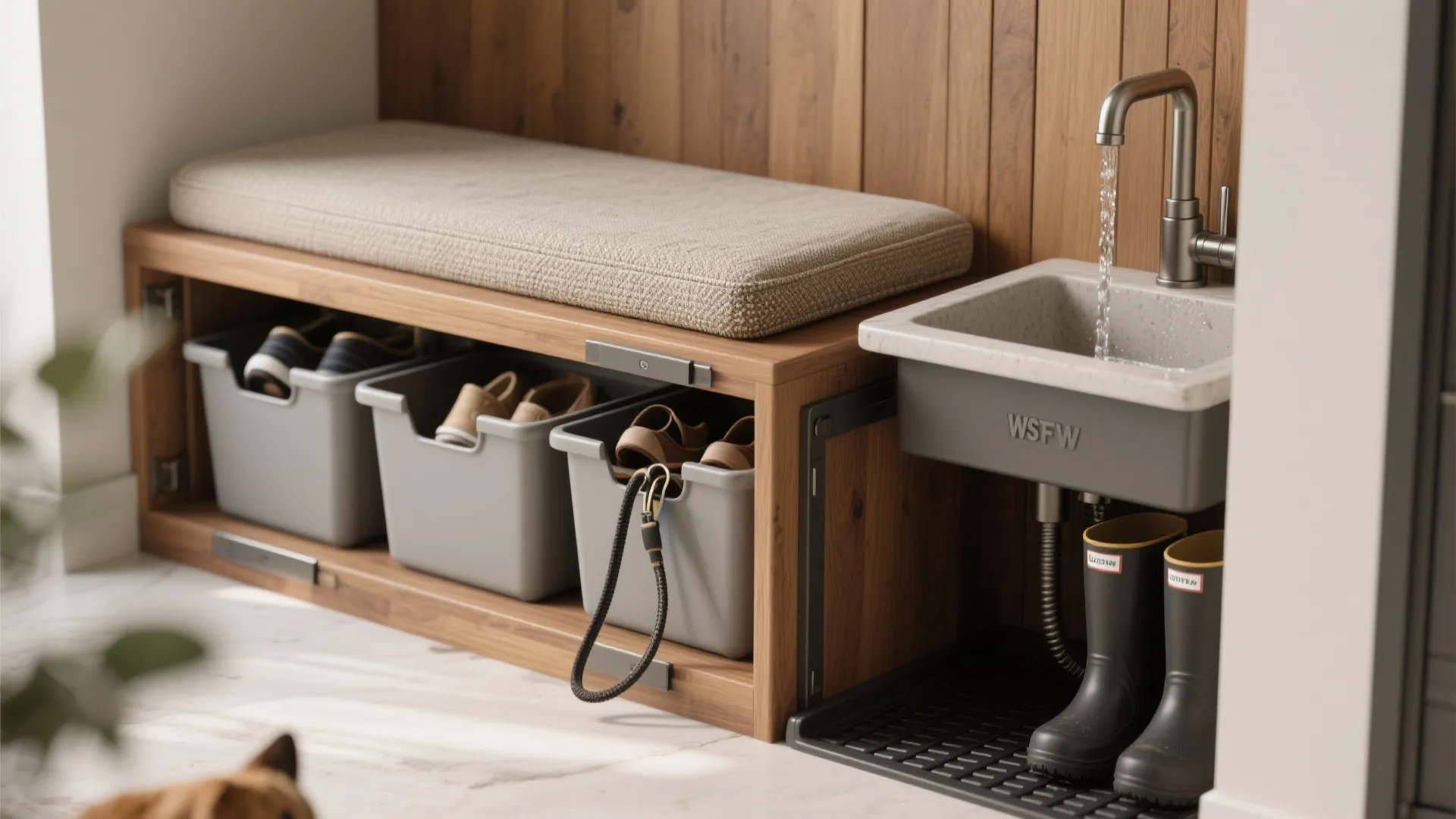 2. Bench with built-in bins and pet station