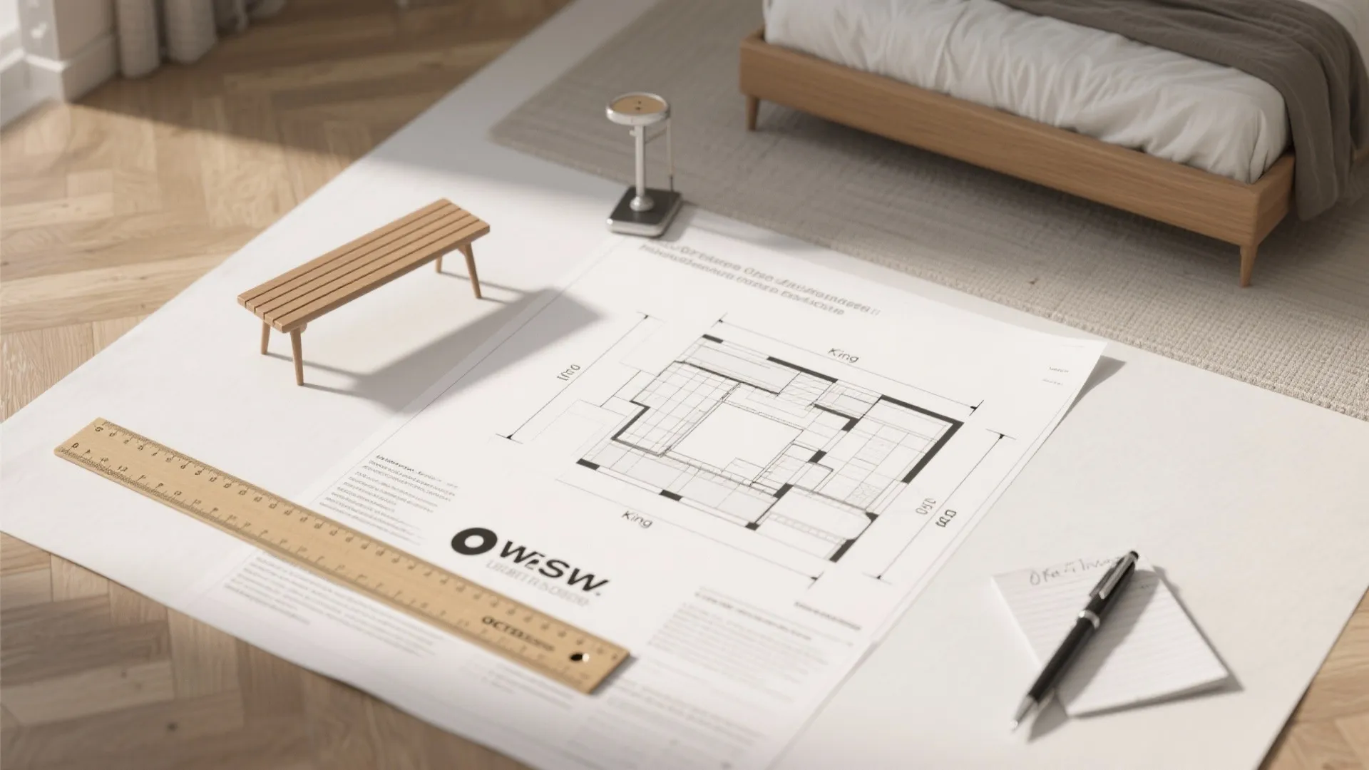 Interior design drawing on a table with a small bench model wooden ruler and pen