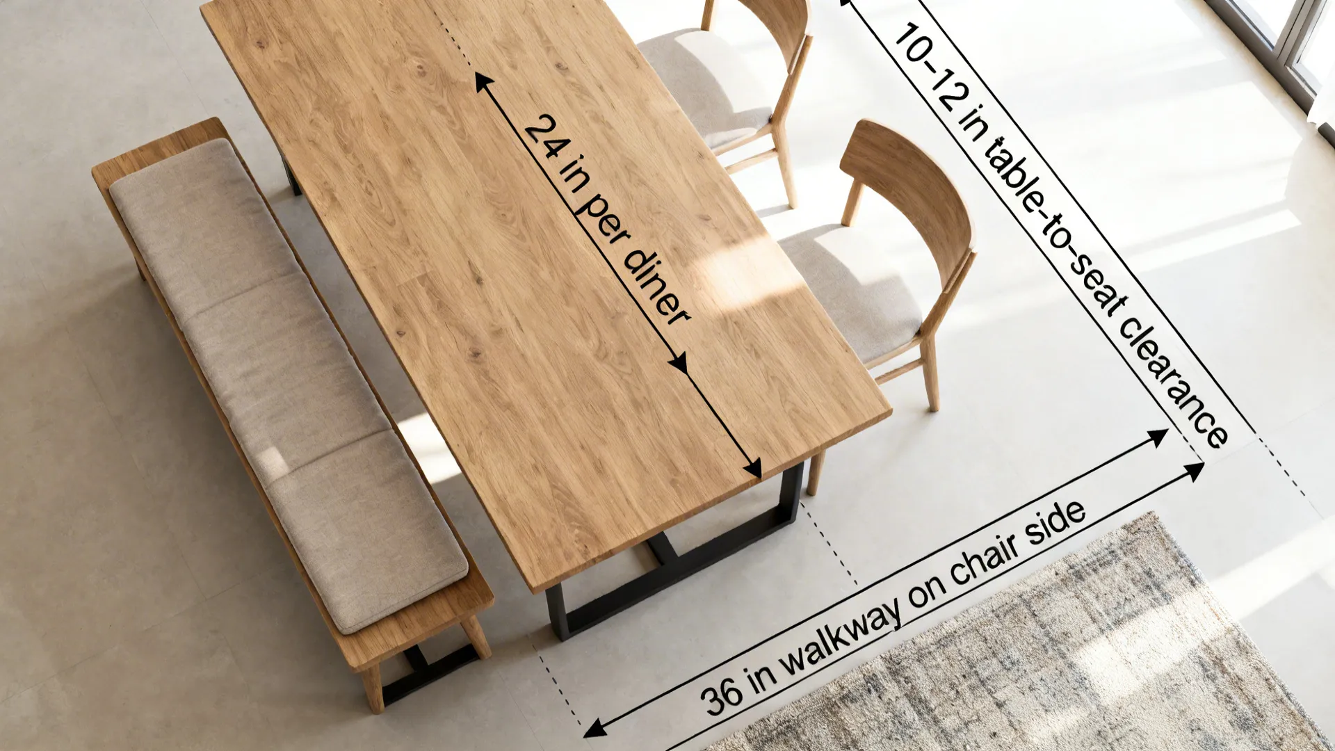 Top-down dining plan showing bench, chair side, and key clearance dimensions.