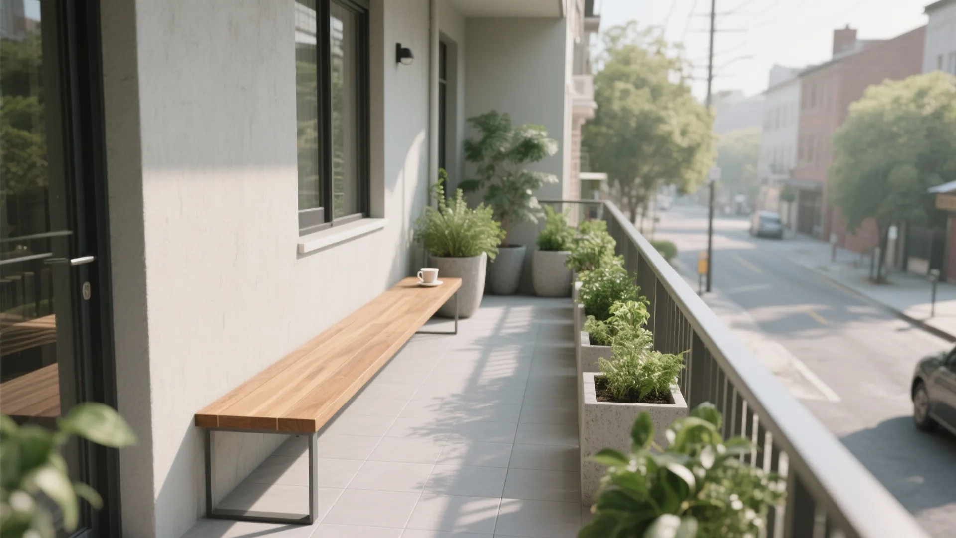 Modern balcony featuring long wooden bench with white coffee cup and several green leafy plants