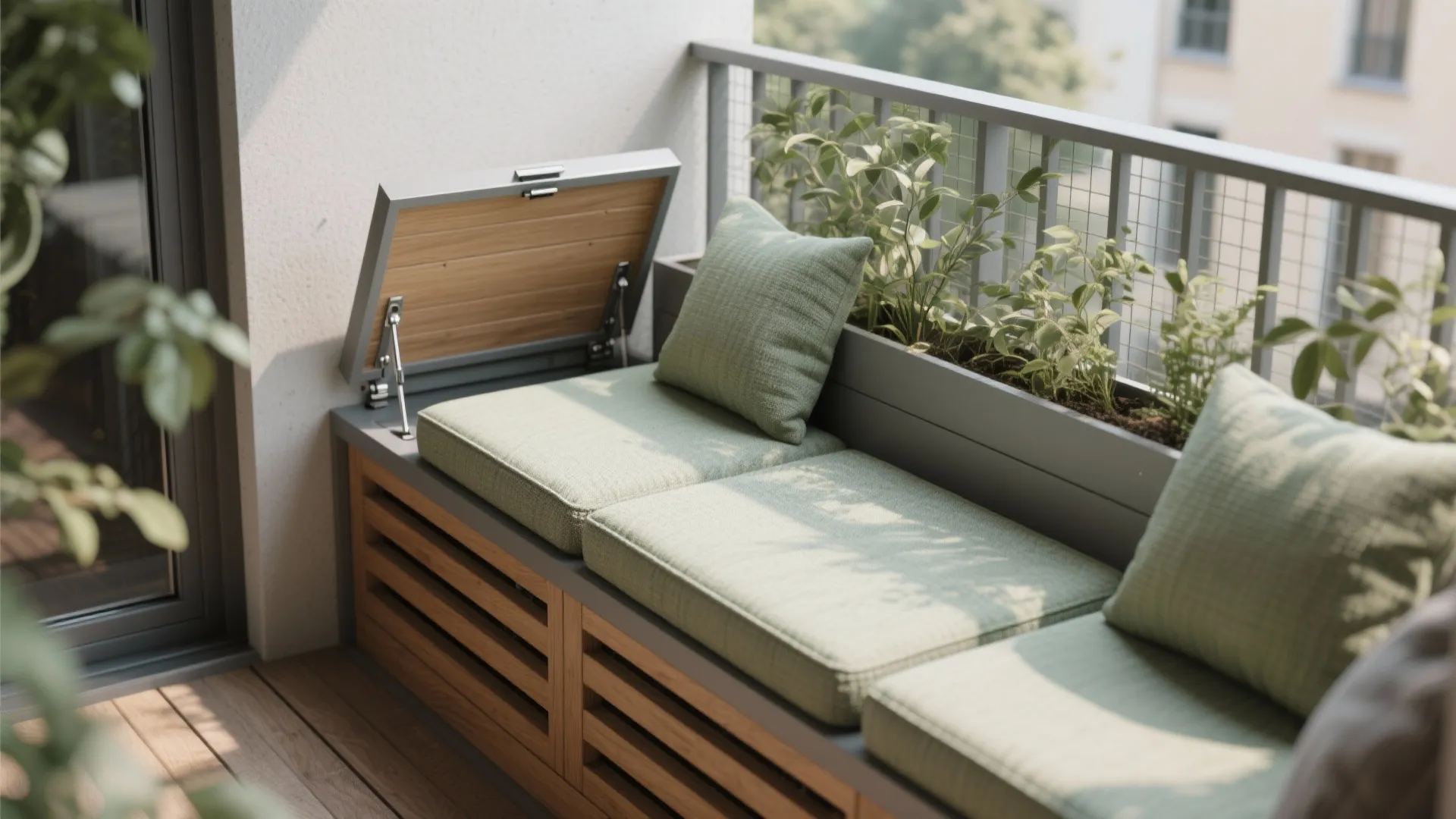 3) Built-in bench + planter screen + storage: seating that doubles as privacy