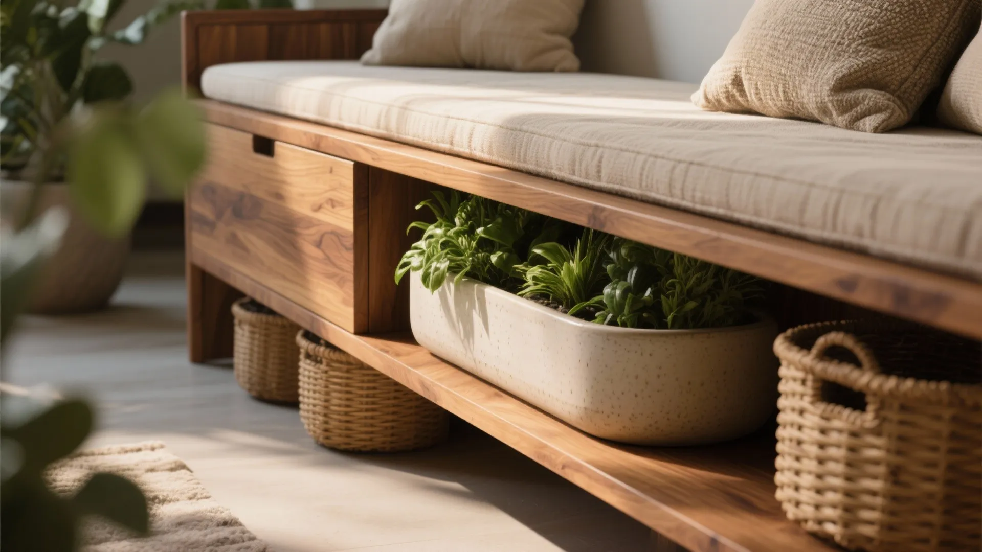 4. Bench with built-in planter or shelf