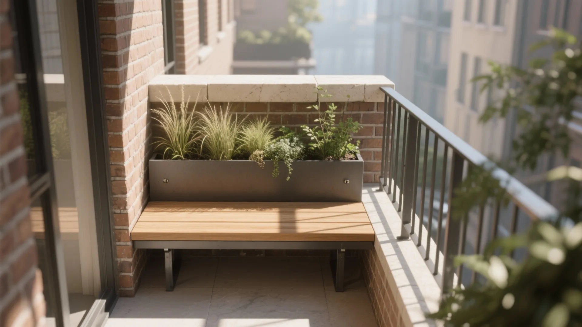 Small balcony with wooden bench integrated into dark planter box holding green decorative outdoor plants