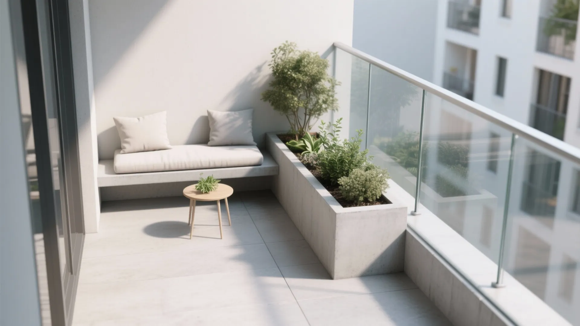 Modern balcony with concrete bench, white cushions, small wooden table, green plants, and glass railing