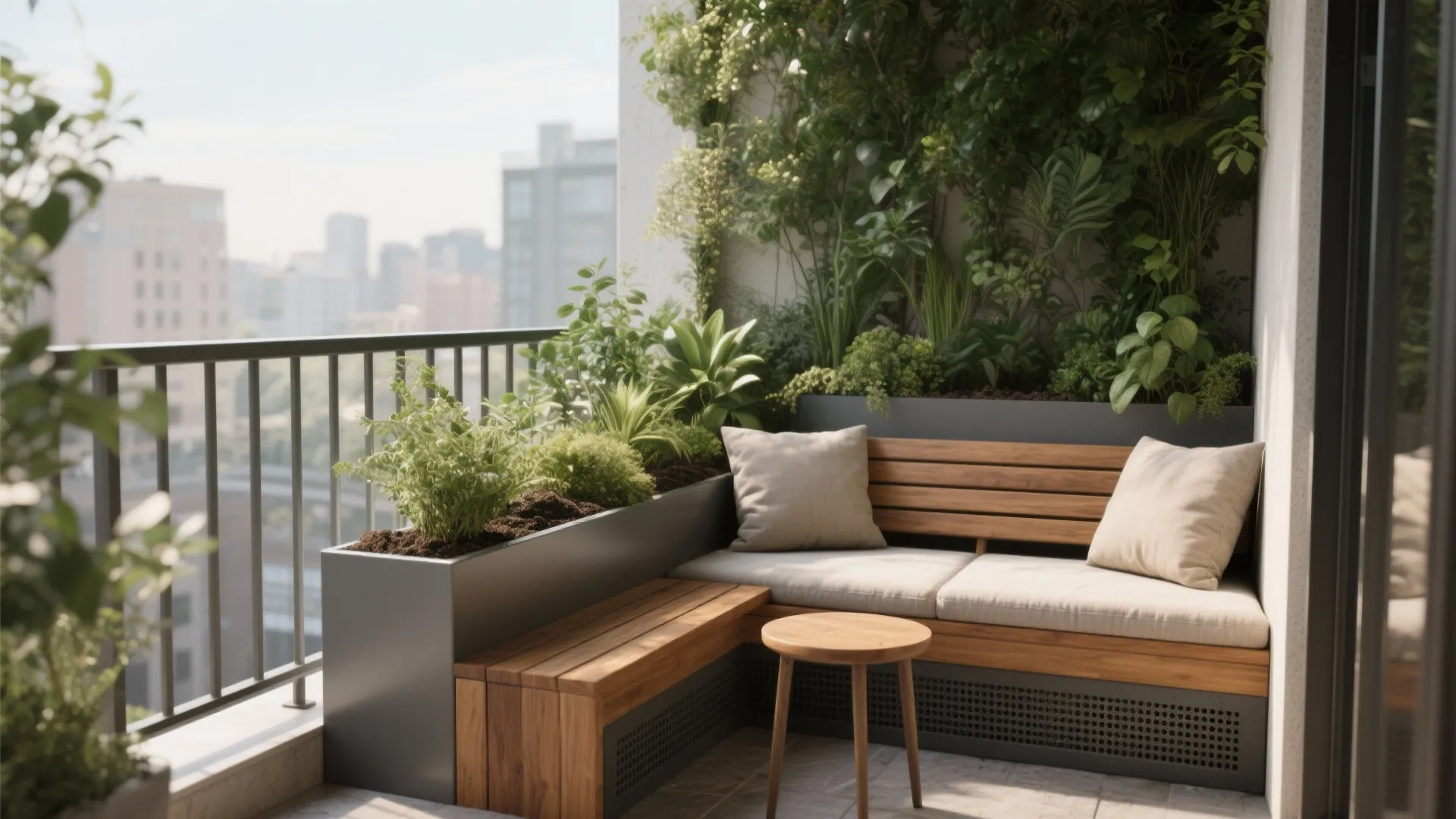 Modern balcony with wooden bench seating built into large grey planters and lush green vertical garden