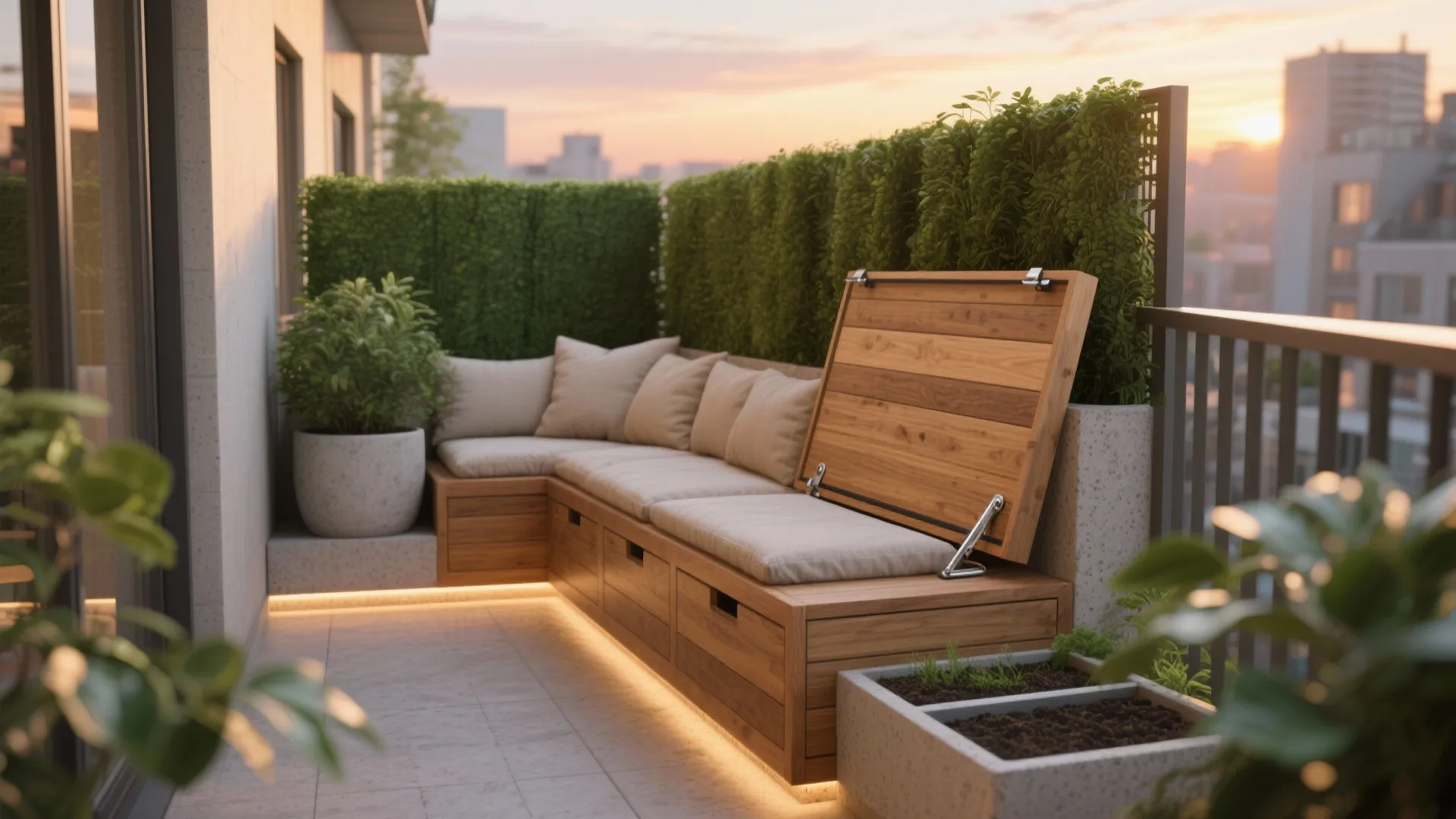 Integrated bench-planter combos with hidden storage