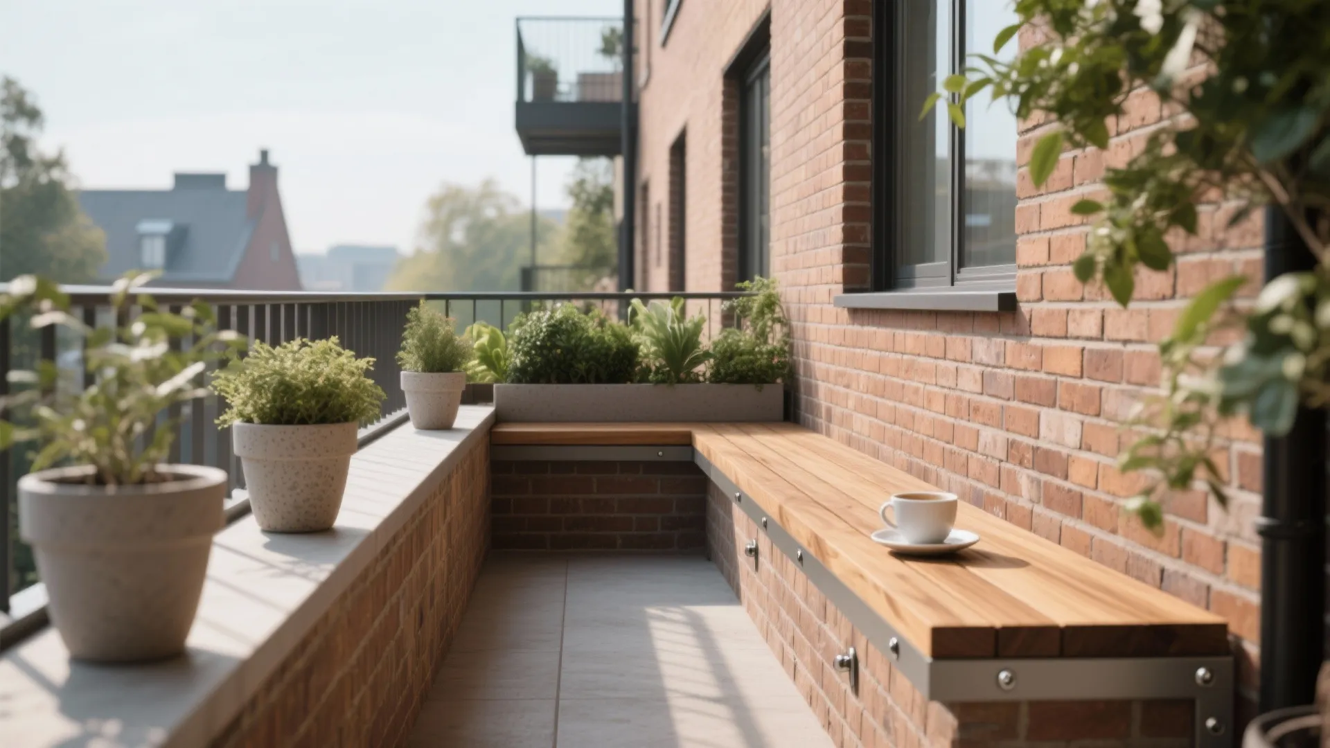 Modern balcony design with wooden bench seating, brick walls, potted plants, and coffee on table