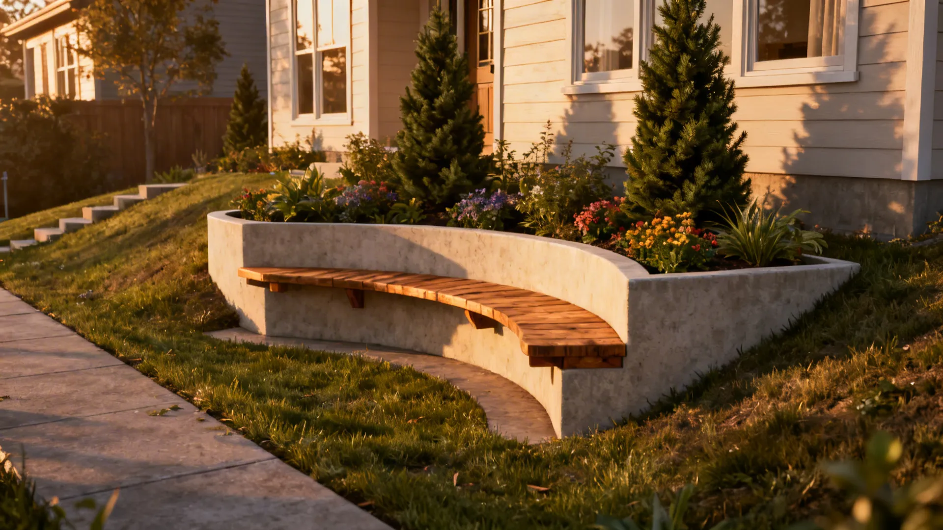 Curved bench serving as a retaining wall with raised planters on a small slope.