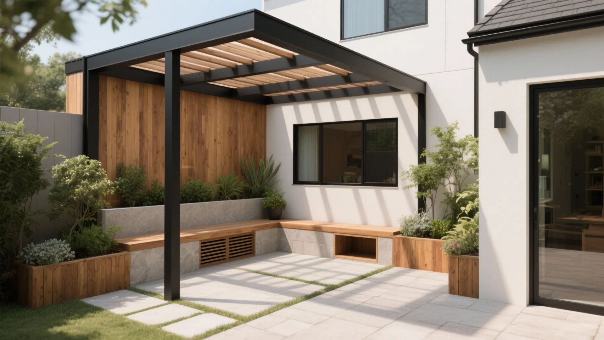 Built-In Benches and Planters Under the Pergola