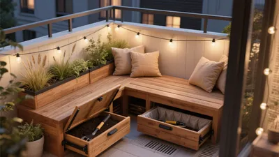 Cozy Balcony Garden with Built-In Storage & Ambient Lighting