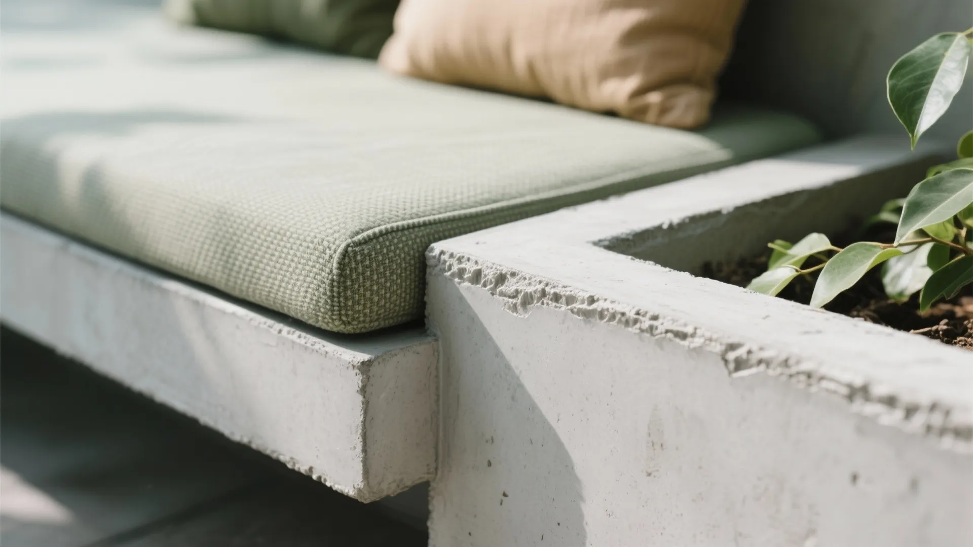 Outdoor concrete bench with green seat cushion and pillows next to a built in flower box