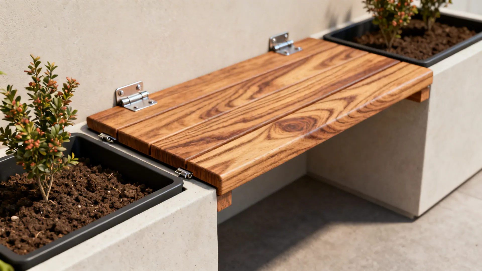 Built-in narrow bench with integrated planters and removable liners showing detail.