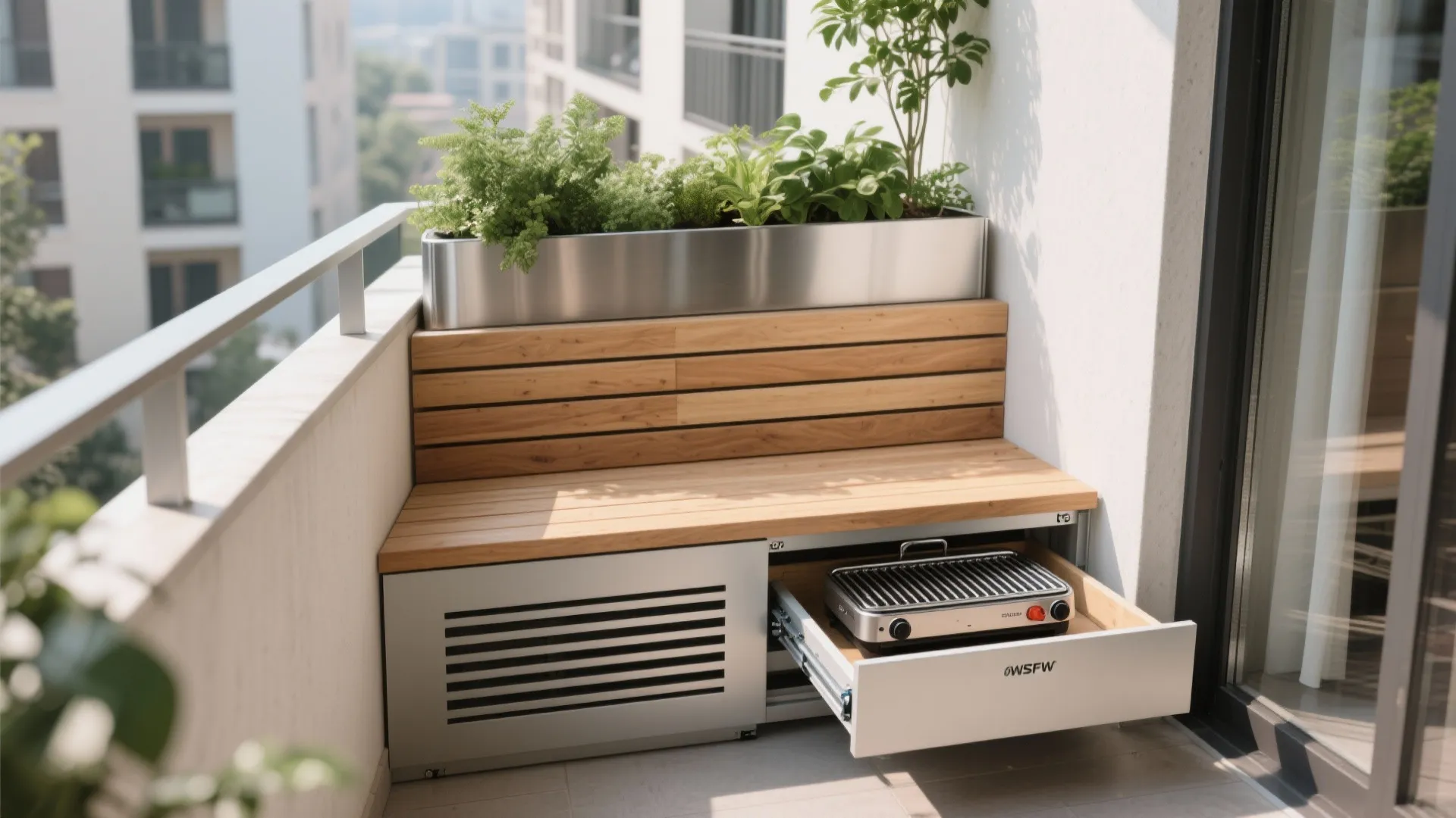 Bench-Planter With Slide-Out Grill Drawer
