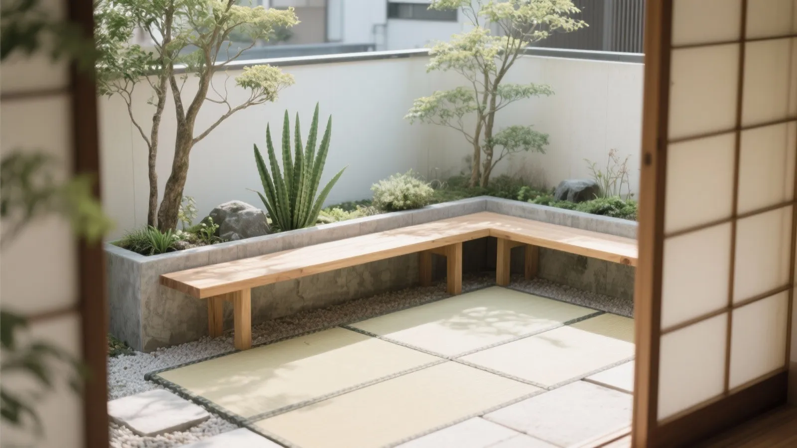 Tips 3: 目線の高さだけを遮る低木とベンチのコンボ（和のテイスト）