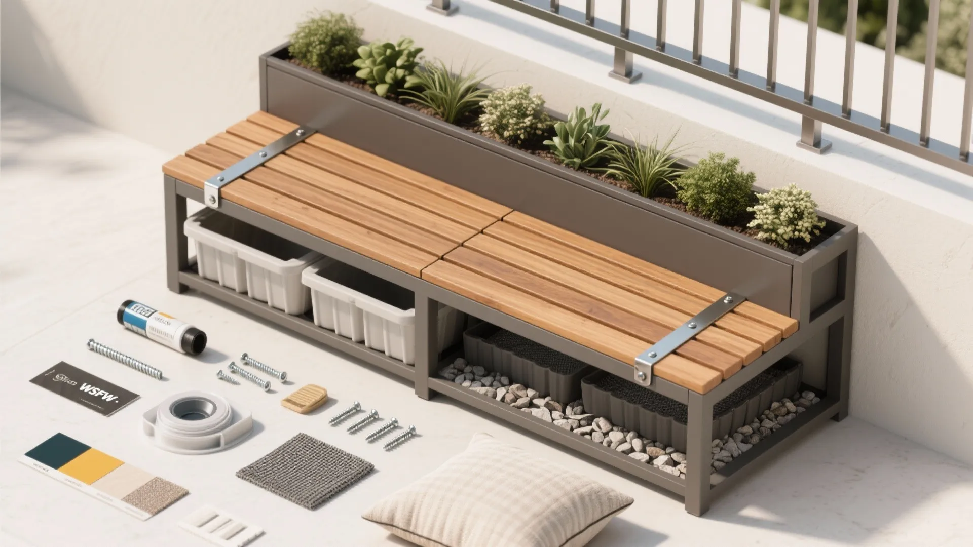 5) Storage Benches with Integrated Planter Tops