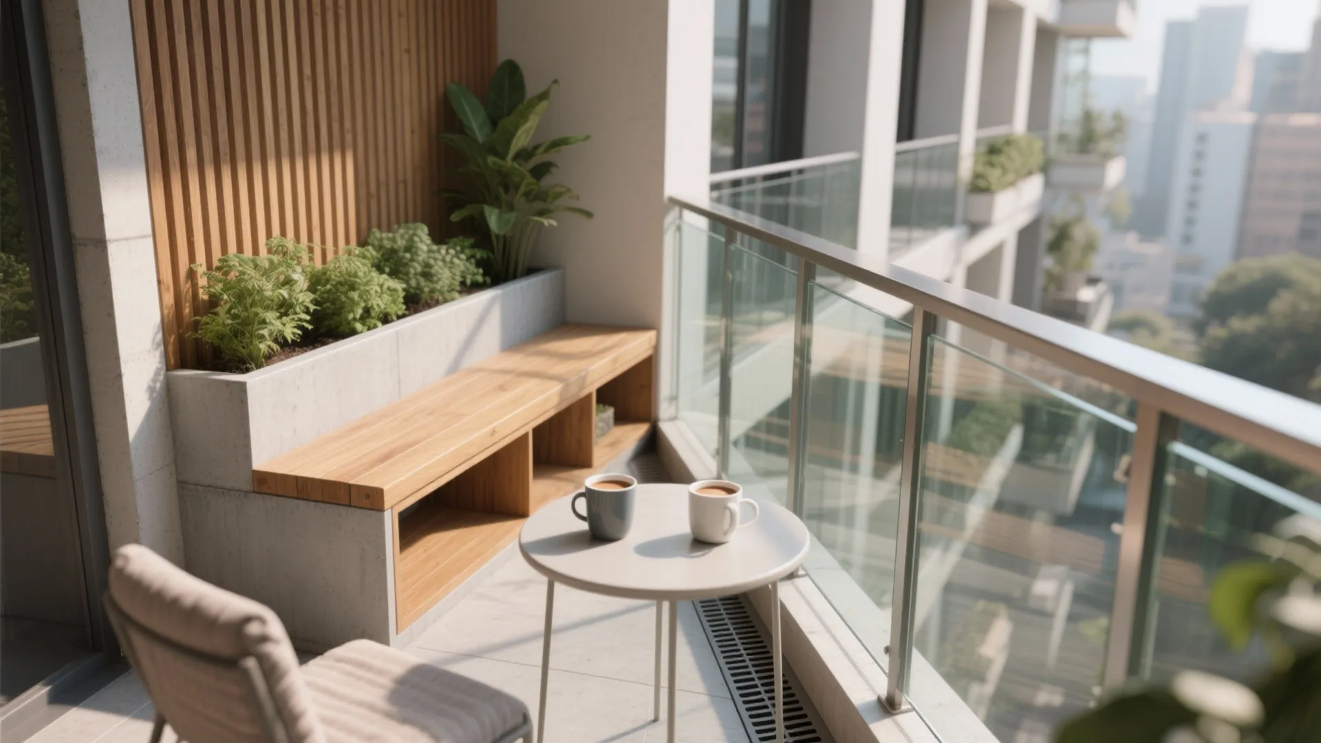 Built-In Benches and Planters Along the Railing