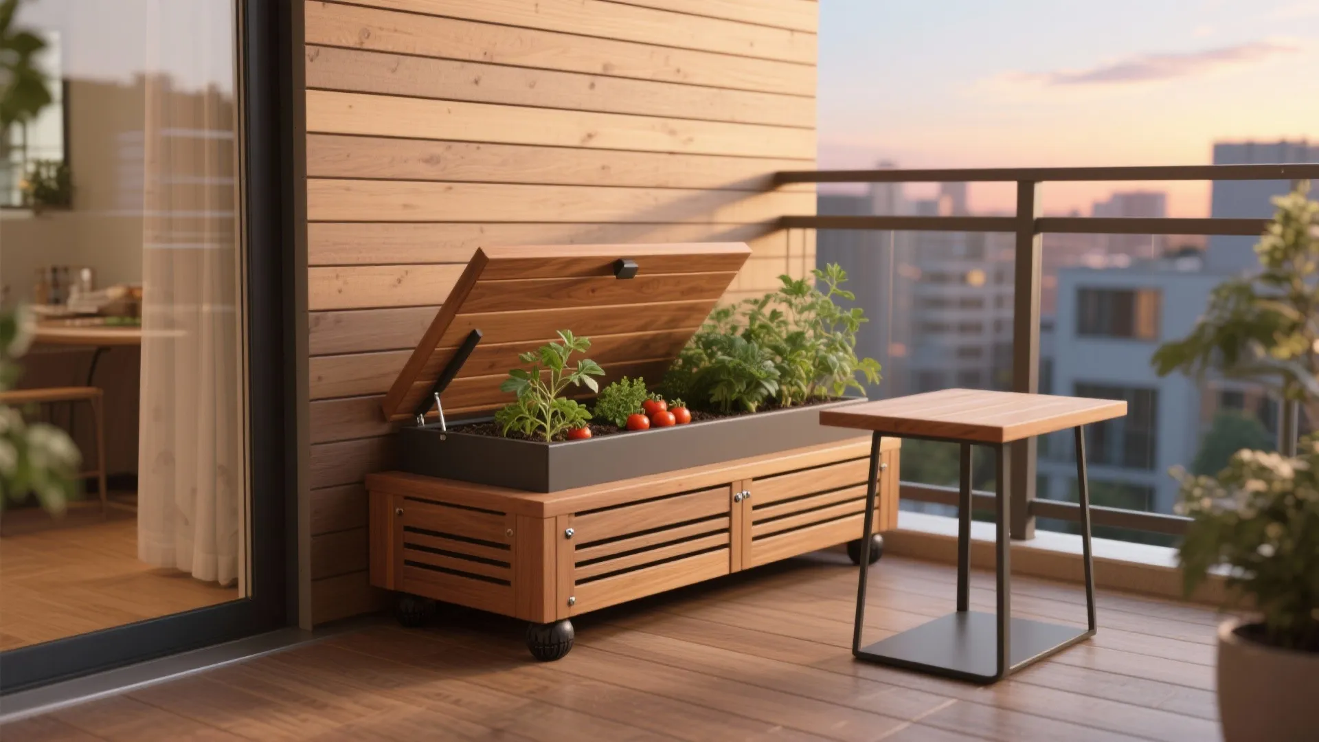 Bench-height planter with removable wood top doubles as seating on a small balcony.