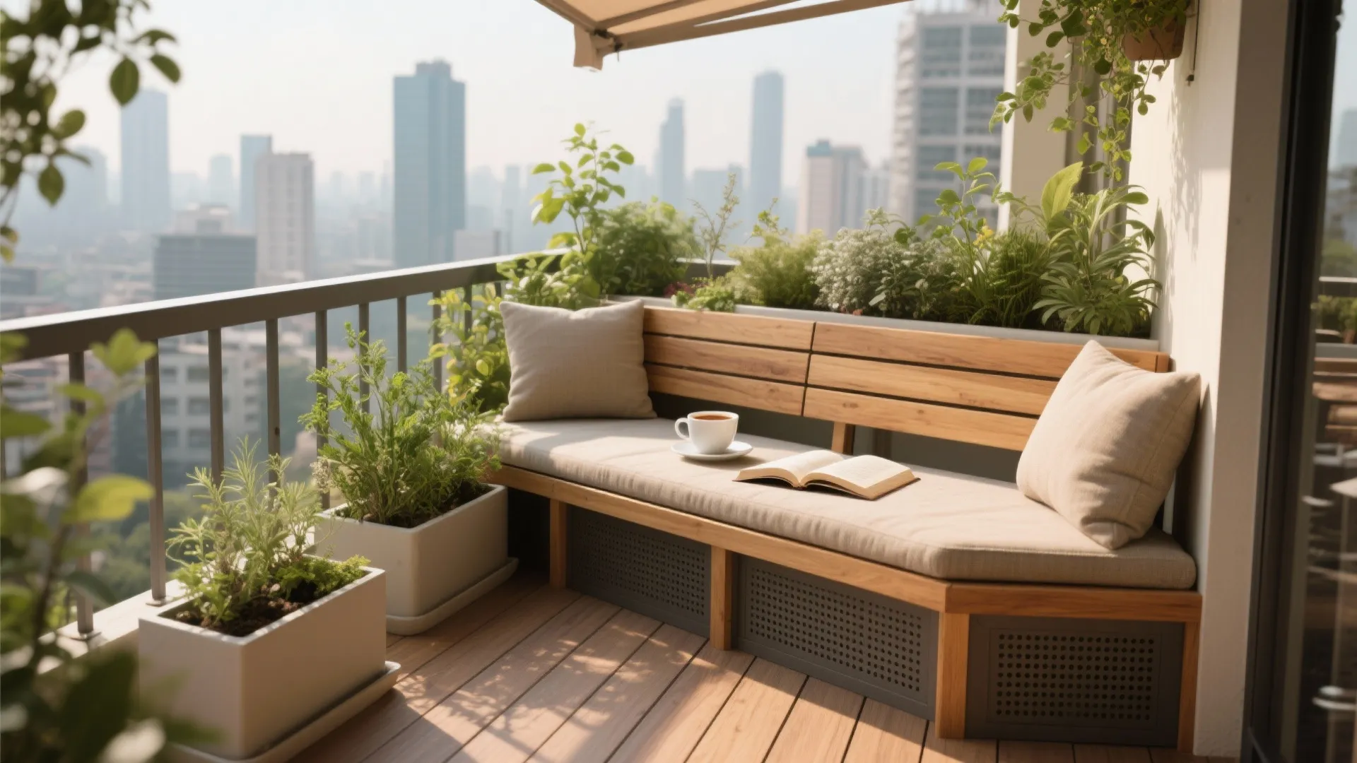 Modern apartment balcony with wooden bench seating white coffee cup open book and green plants