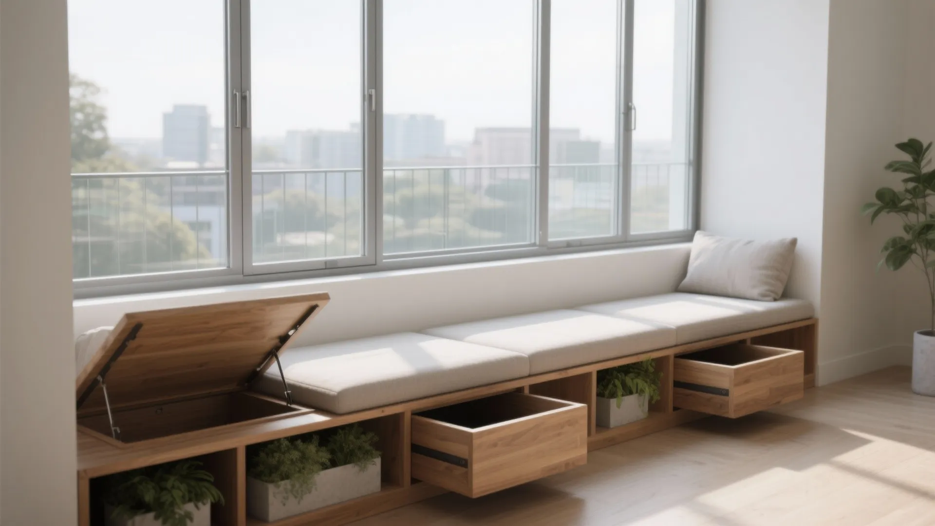 Wooden window bench with built-in storage drawers and small green plants in a bright room