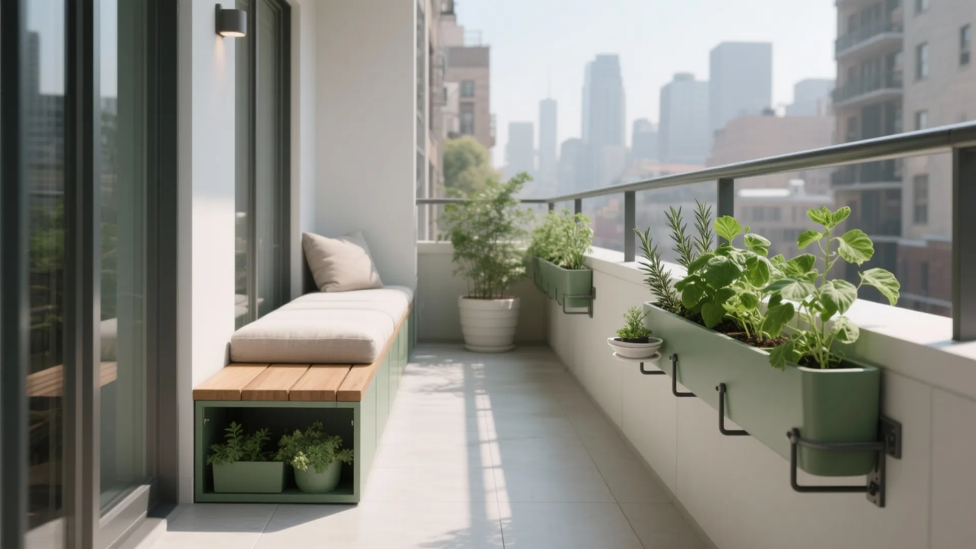 Bench storage with slim planters for a tidy balcony