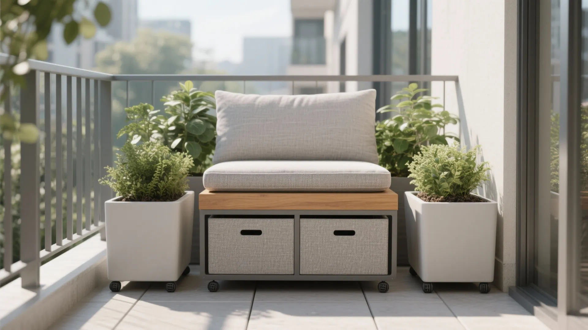 Modular storage bench flanked by resin planters, slim cushion, clear walkway on a 1.2 m-deep balcony.