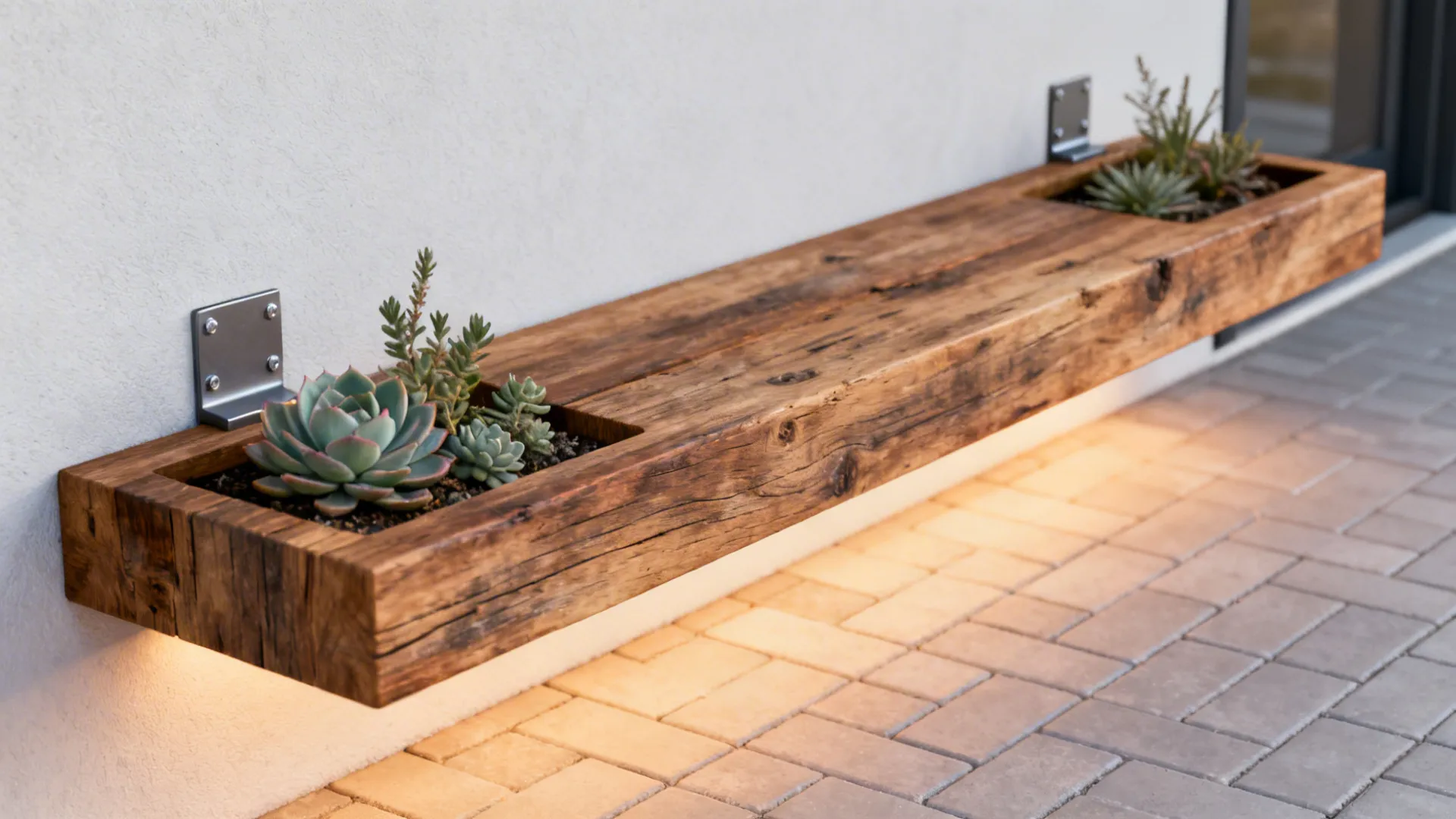 Floating wooden bench with built-in planters, green succulent plants, and warm light strips underneath it