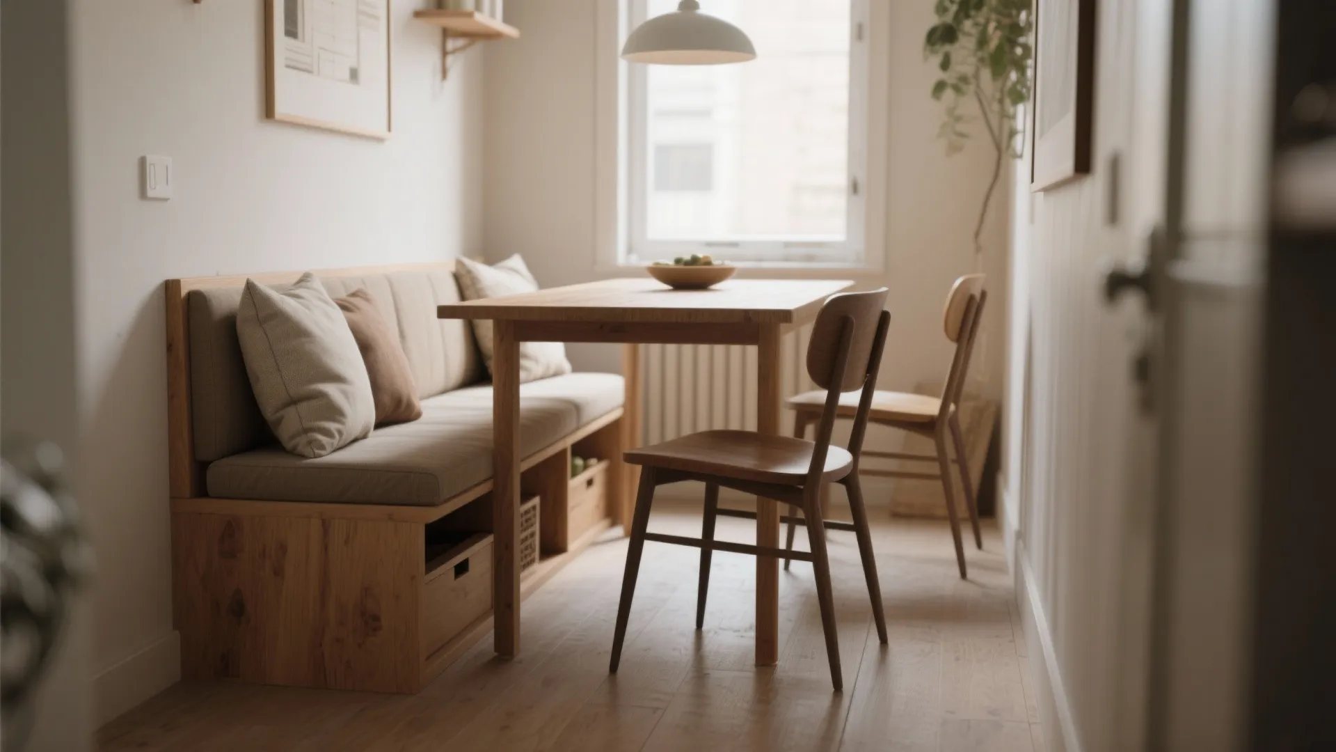 Narrow dining area with a bench tucked under the table and two opposite chairs.