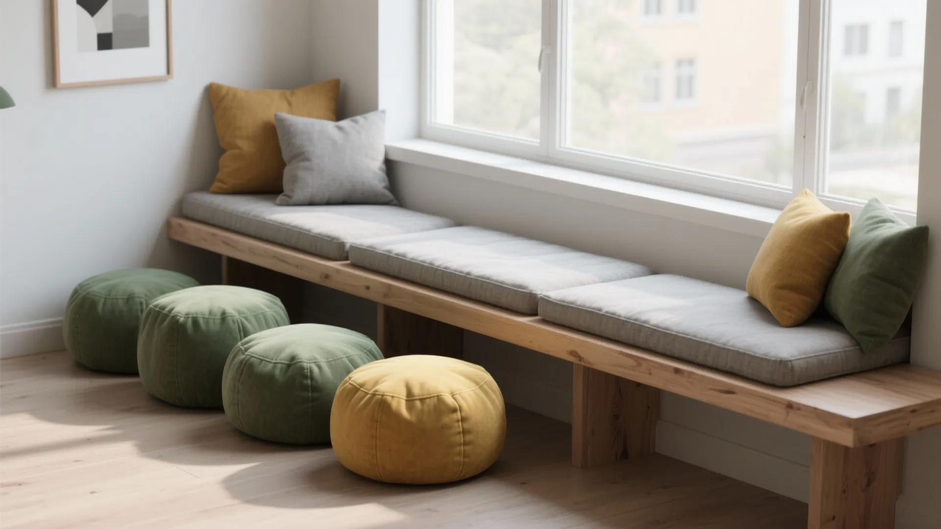 Wall-anchored plywood bench with cushions and tucking poufs creating flexible narrow-room seating.