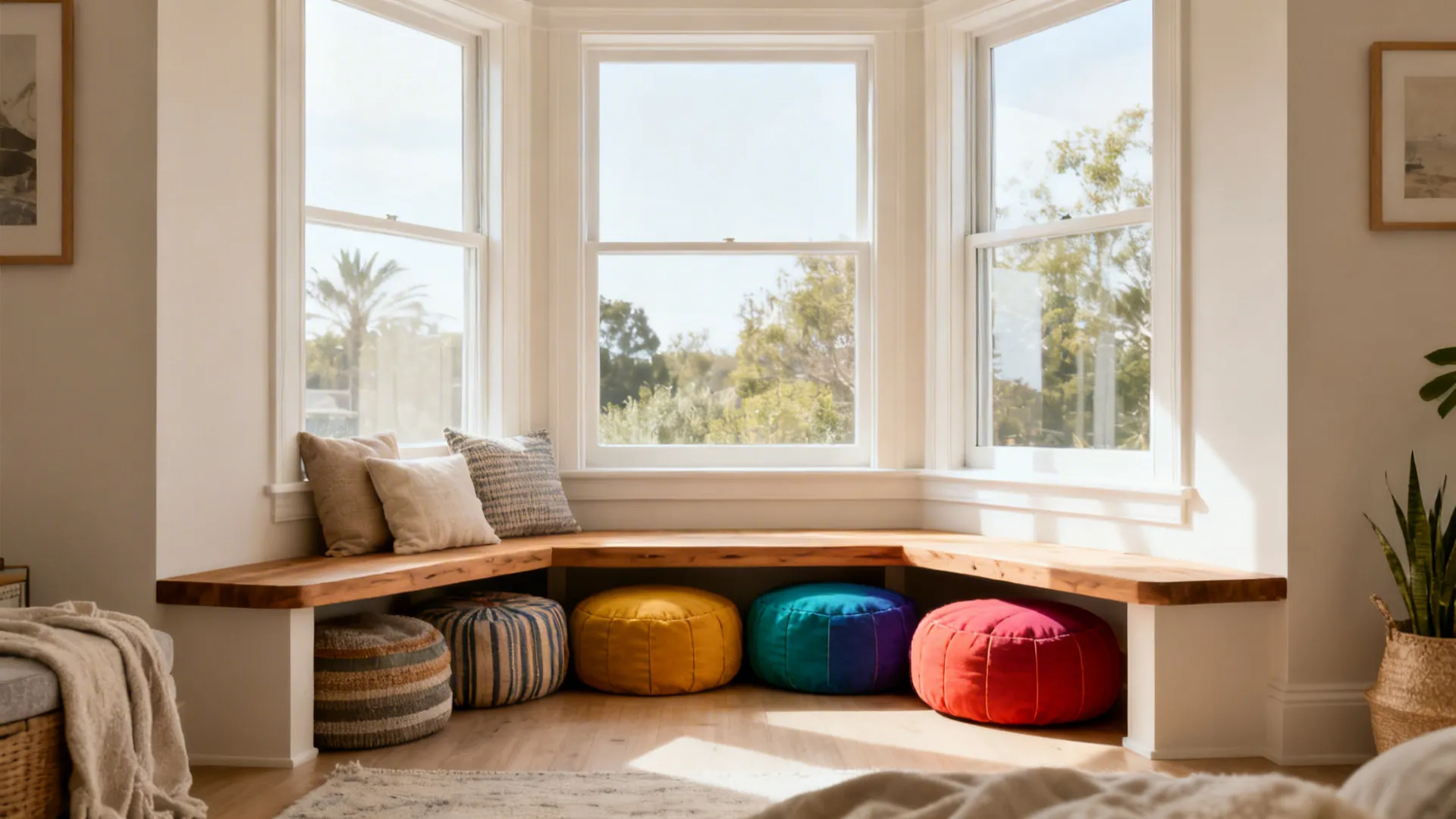 Wooden bench under a bay window with pillows and colorful round footrests in the room