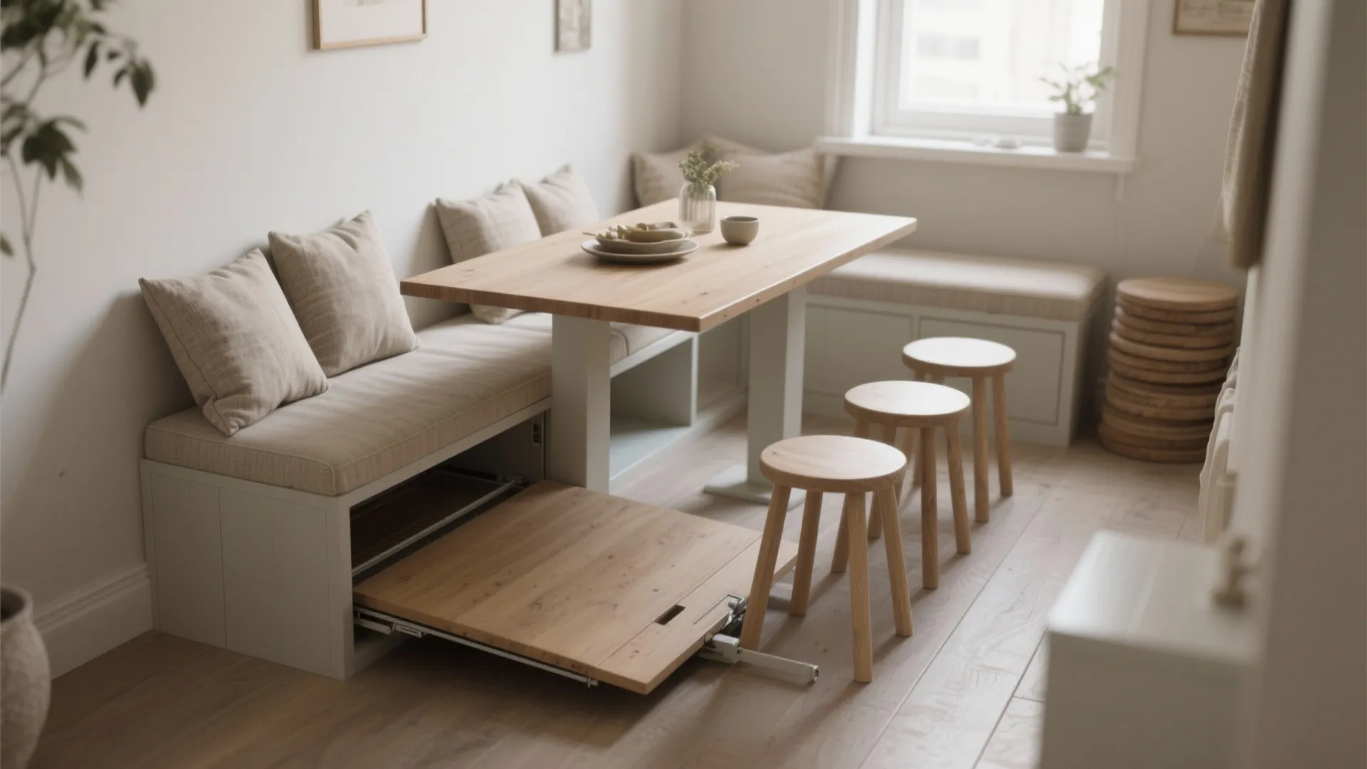 Small dining alcove with a bench and pull-leaf table extended, cushions on bench and stacked stools nearby.