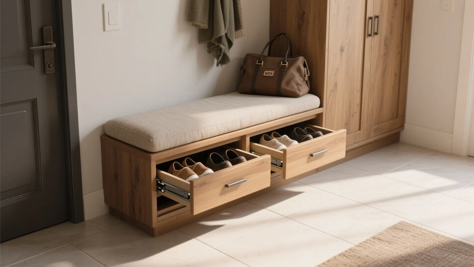 2. Bench with Pull-Out Trays — Sit, Store, Smile