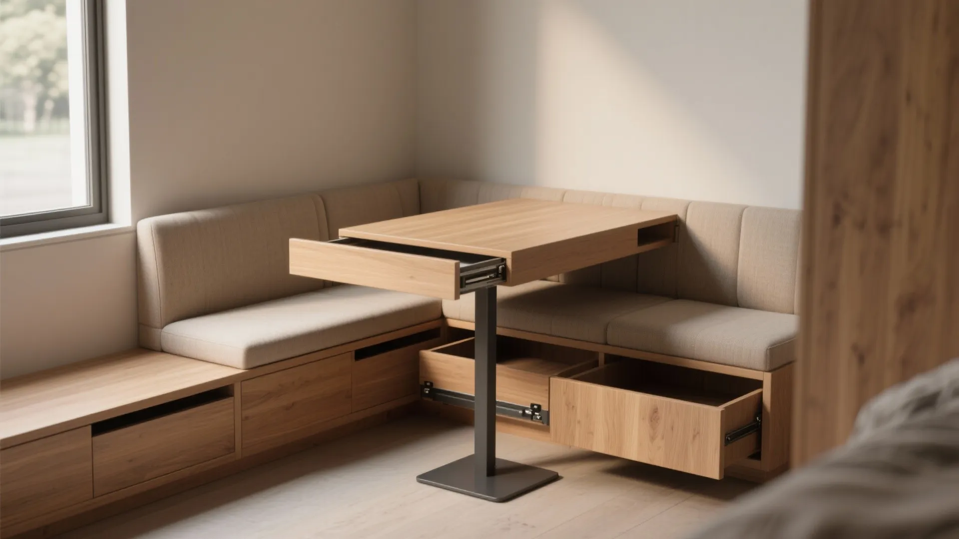 2. Bench-integrated pull-out table