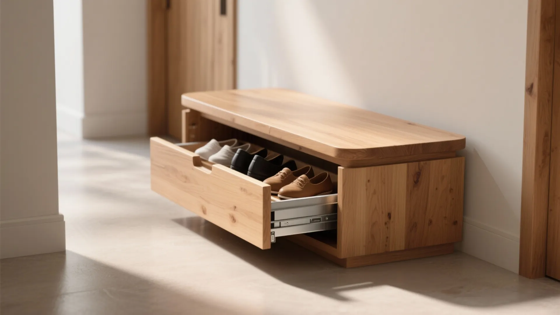 Wooden entryway shoe bench with an open pull-out drawer storing several pairs of different shoes