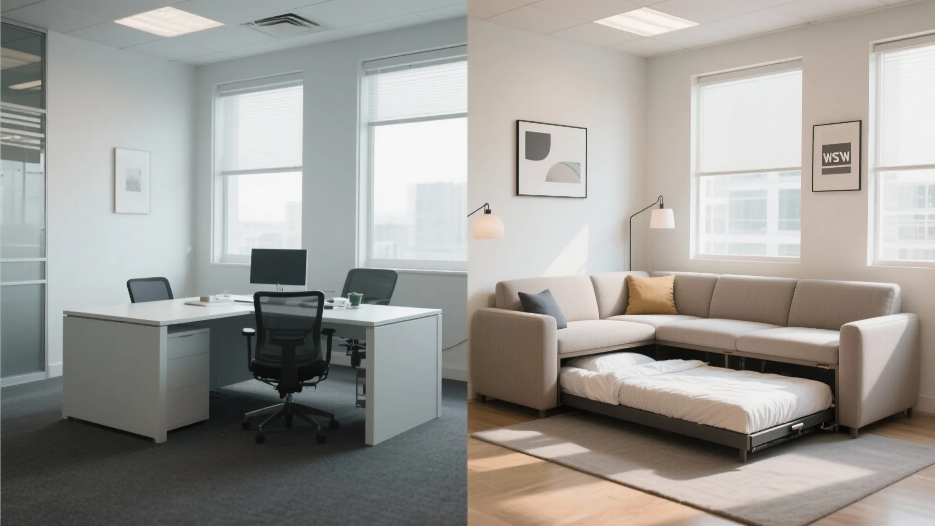 Modern office interior with white desks and chairs compared to living room with pullout sofa