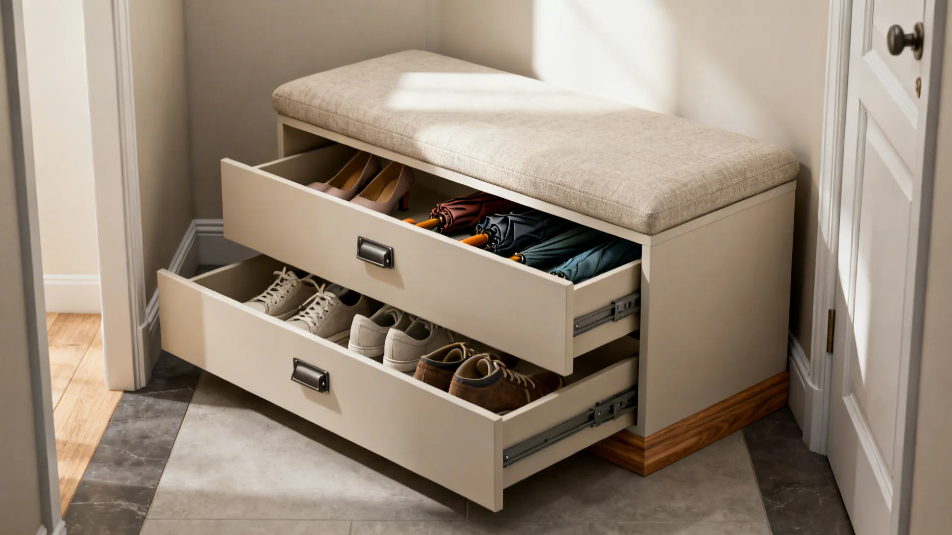 Shallow bench with pull-out drawers for shoes and umbrellas in a narrow entry.