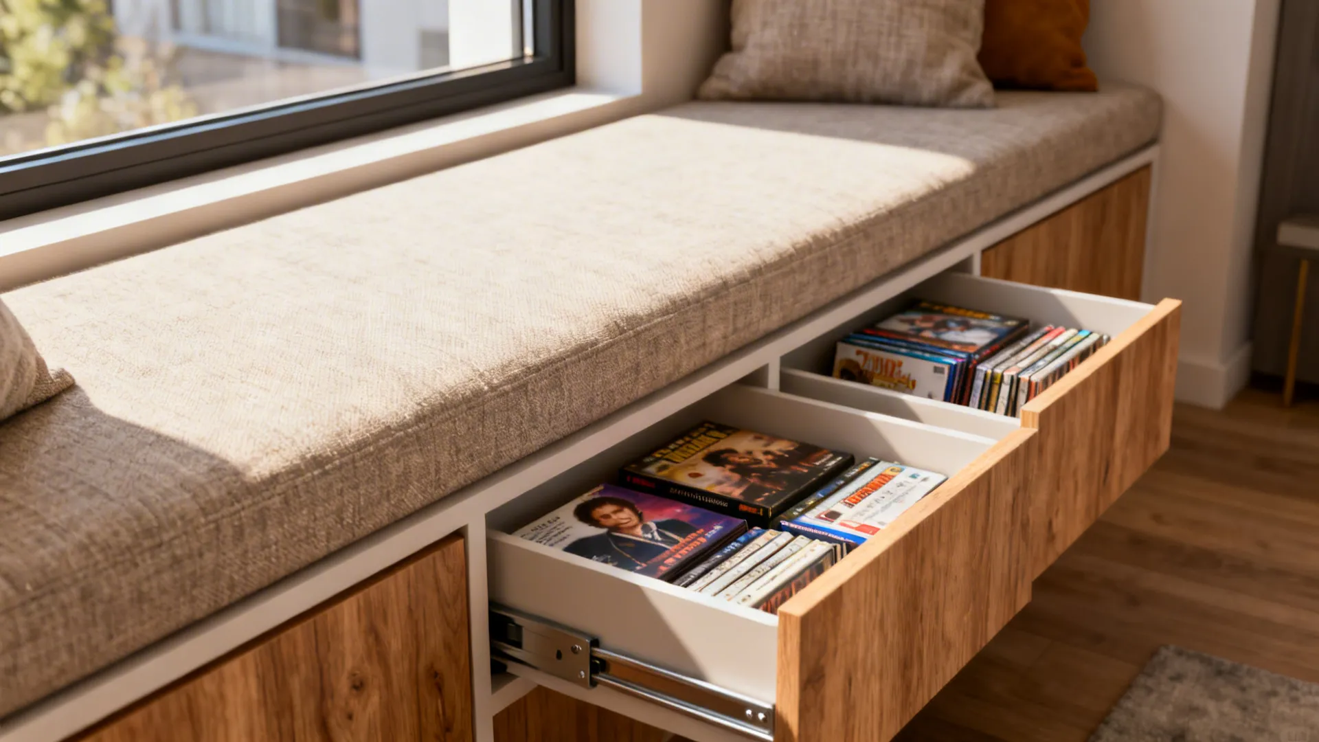 Window bench with cushion and open wooden drawers showing rows of many media storage cases