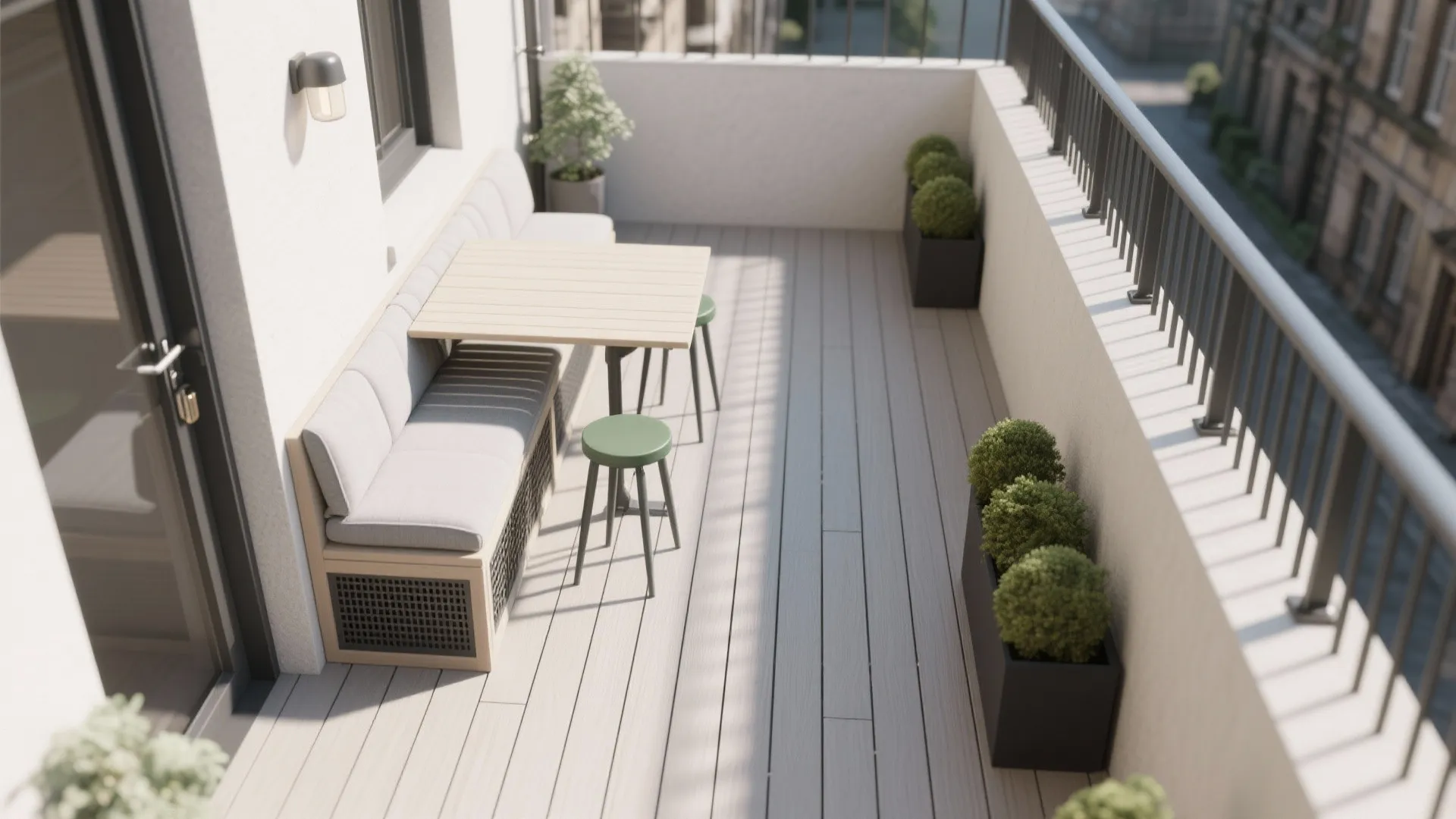 Built‑in bench + fold‑down rail table: dine in a metre