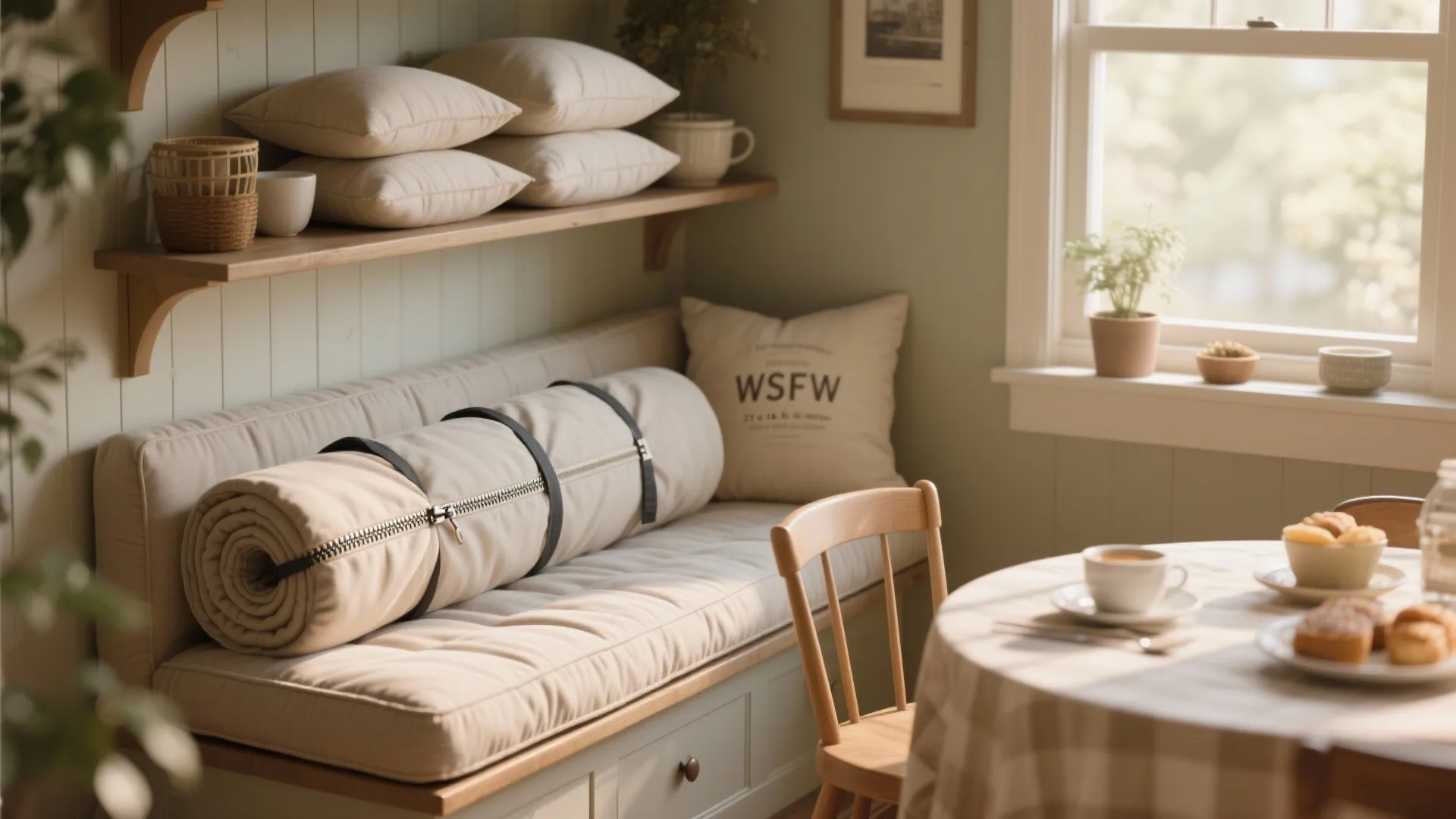 Cozy window nook featuring a cushioned bench with rolled storage, wooden shelves, and breakfast table