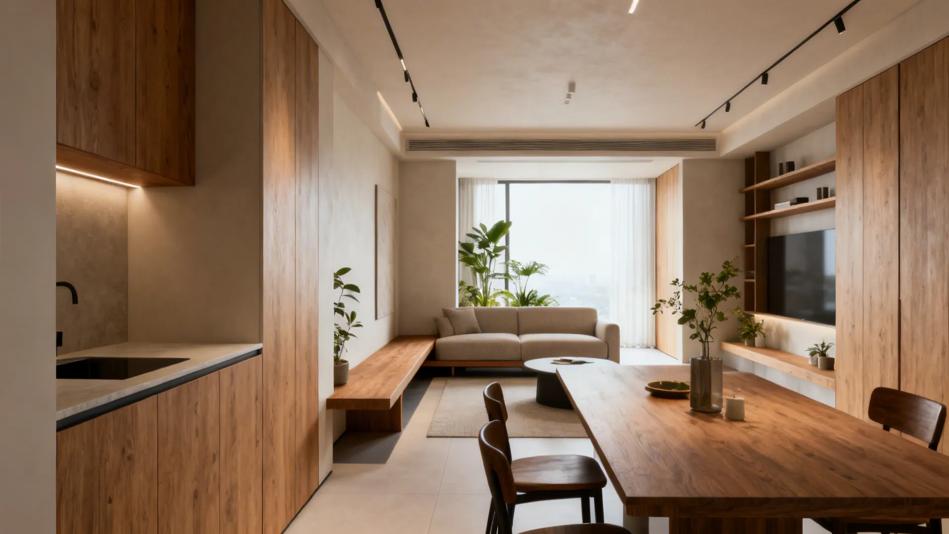 Narrow bench behind a sofa dividing living and dining zones in an open-plan studio.