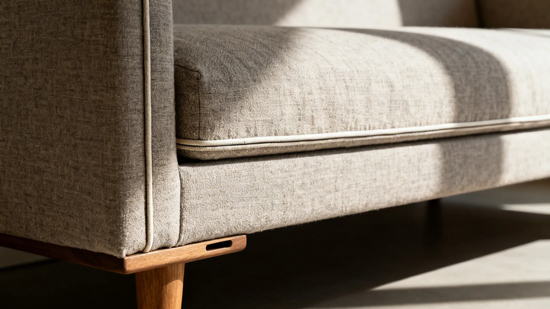 Macro of bench-seat sofa seam and tight arm in textured linen-blend fabric.
