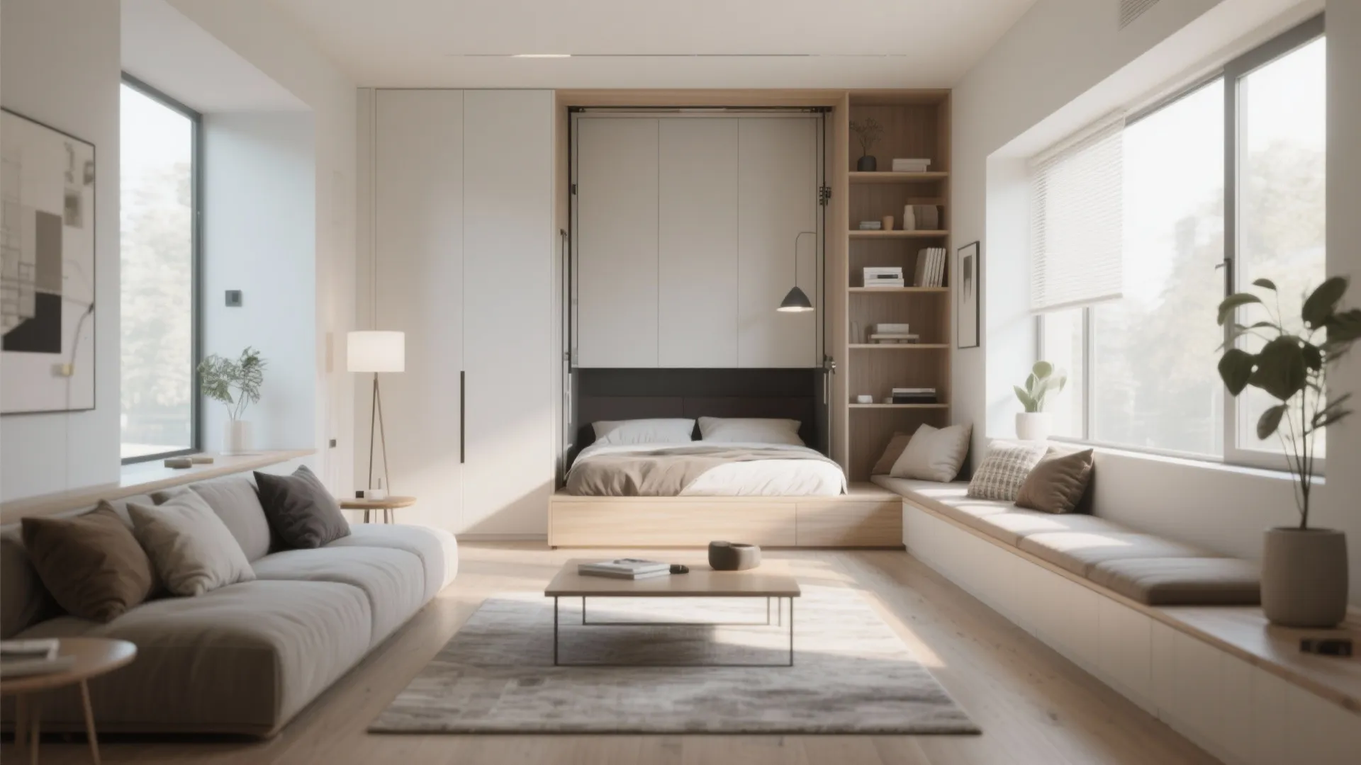 Murphy bed with built-in bench seat in a long room