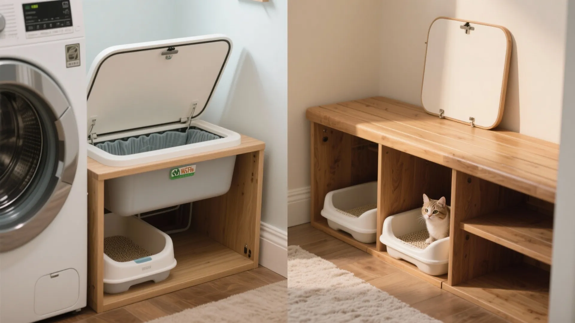 Wooden bench with built-in cat litter box and storage compartments in a modern laundry room